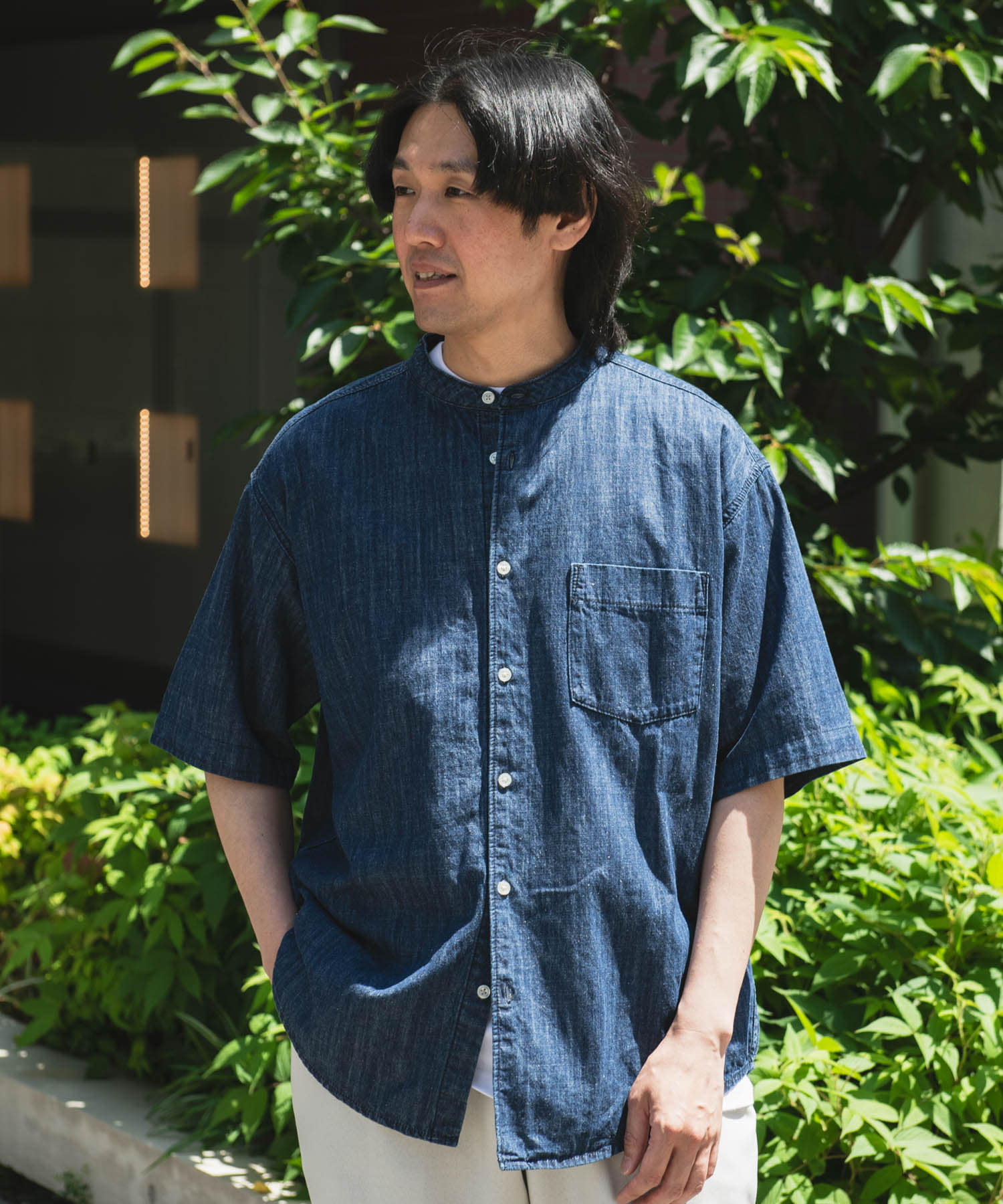 リネン混 デニムバンドショートスリーブシャツ