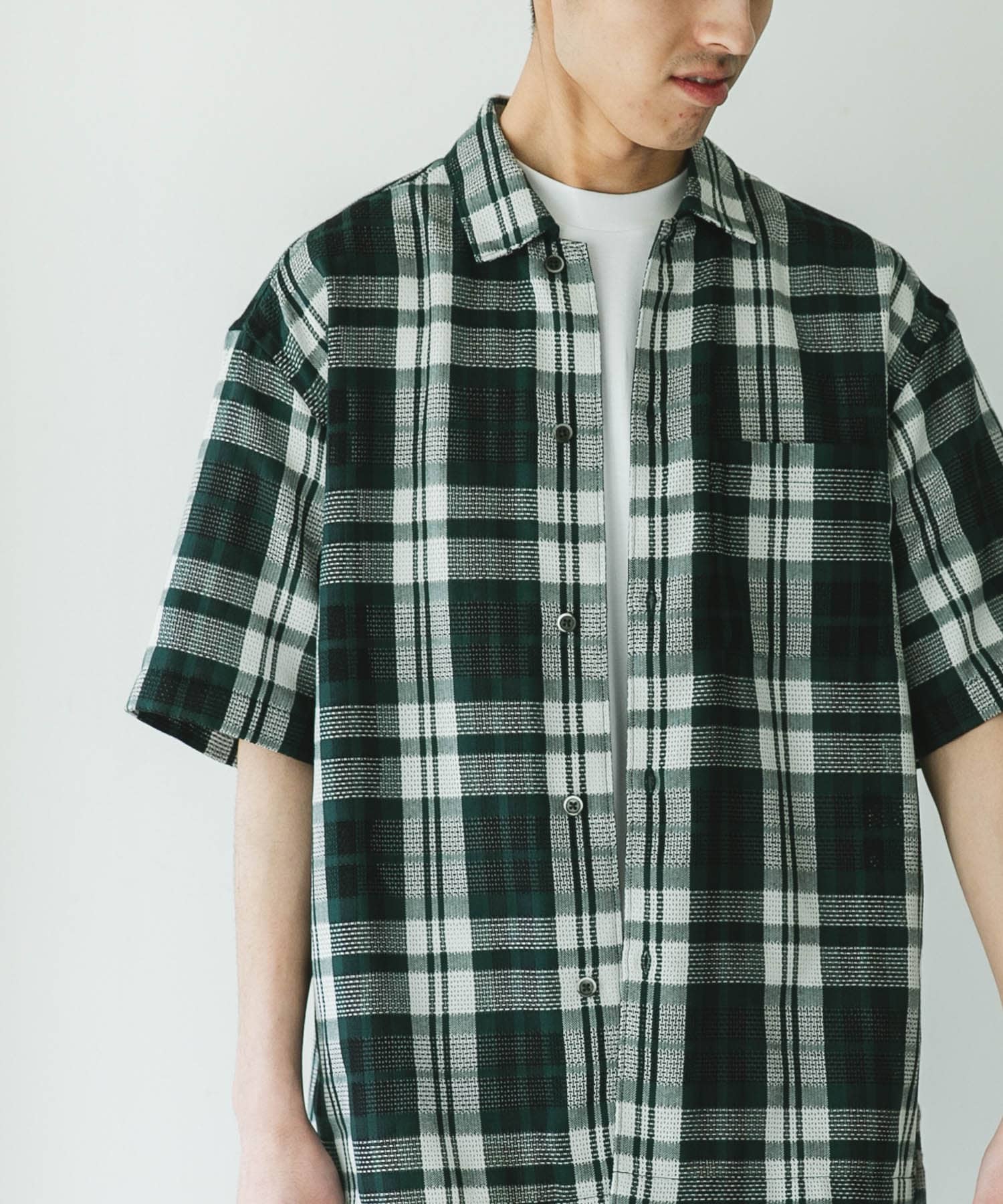 カラミ織ショートスリーブチェックシャツ(M GREEN): トップス｜URBAN
