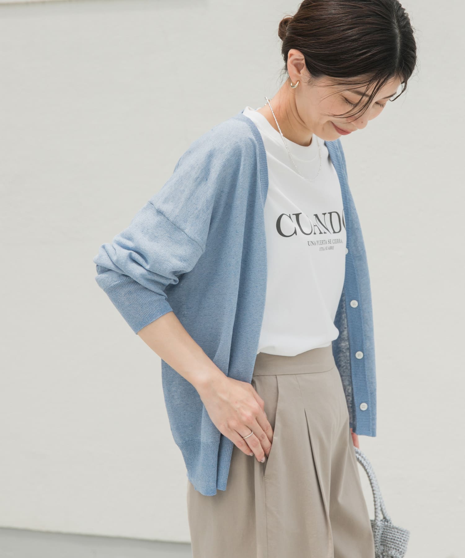 UR TECH ひやサラクール』リネン混Vネックショートカーディガン(M L