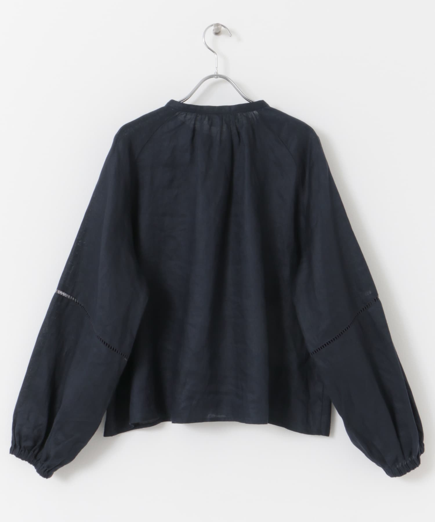 リネンハシゴレースブラウス NAVY M