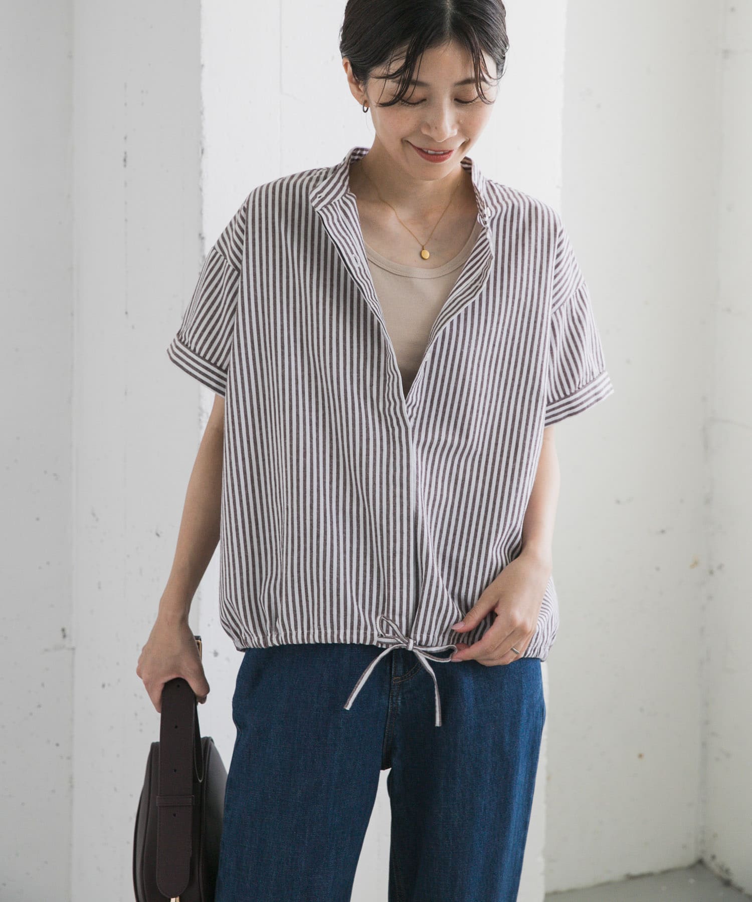 ストライプドロストバンドカラーシャツ