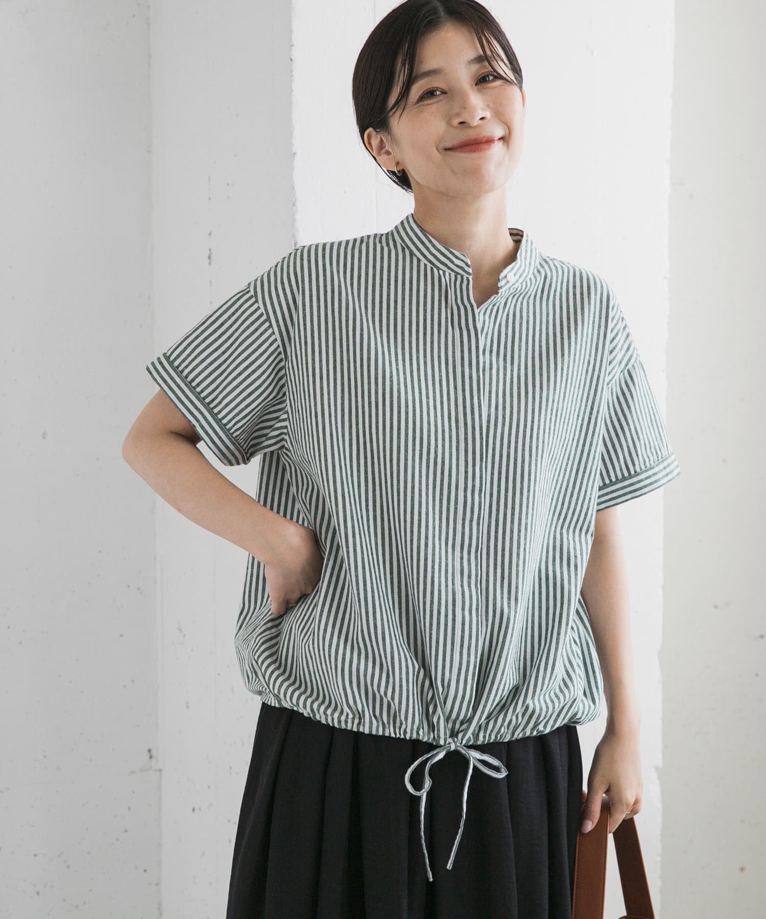 ストライプドロストバンドカラーシャツ