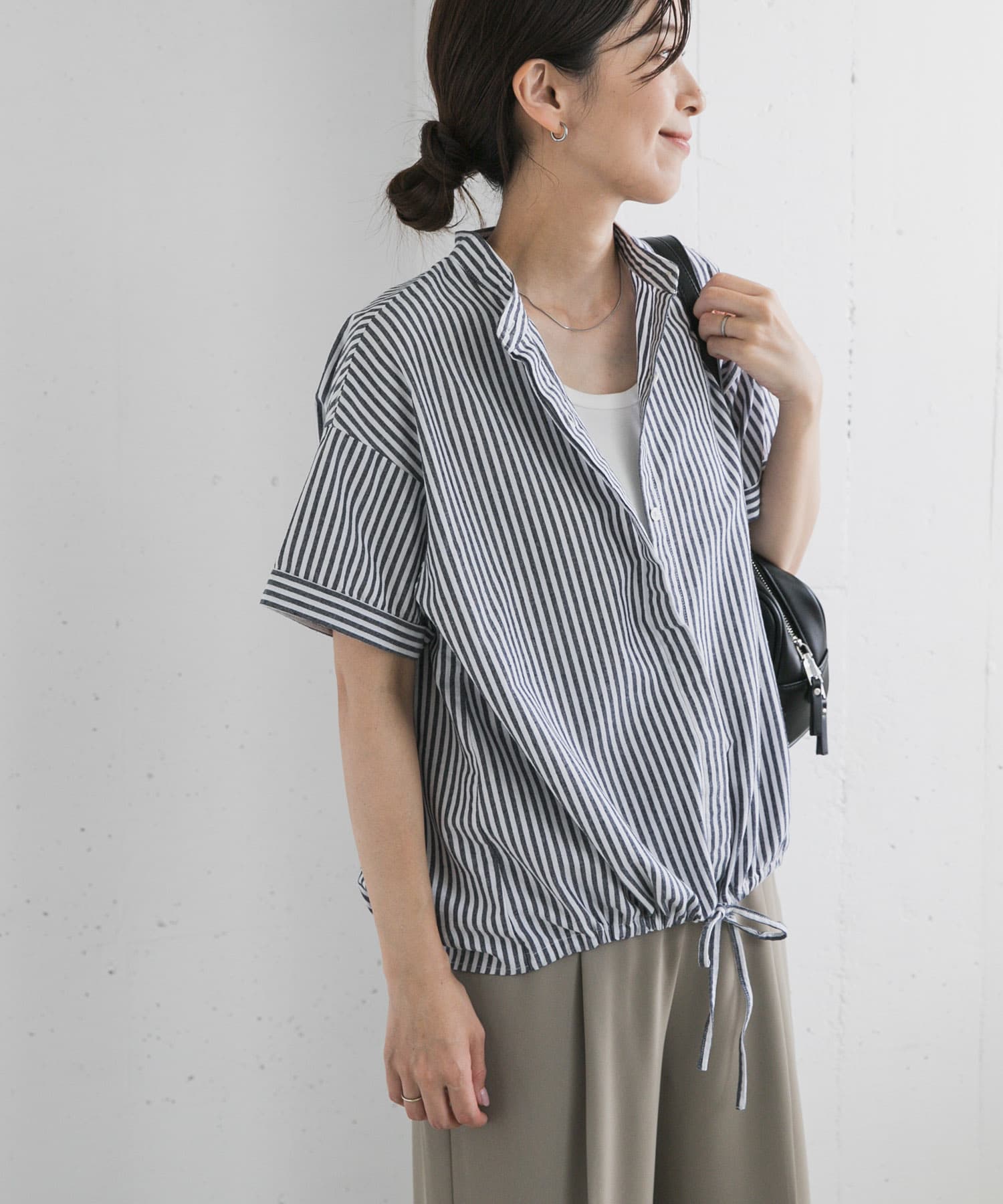 ストライプドロストバンドカラーシャツ