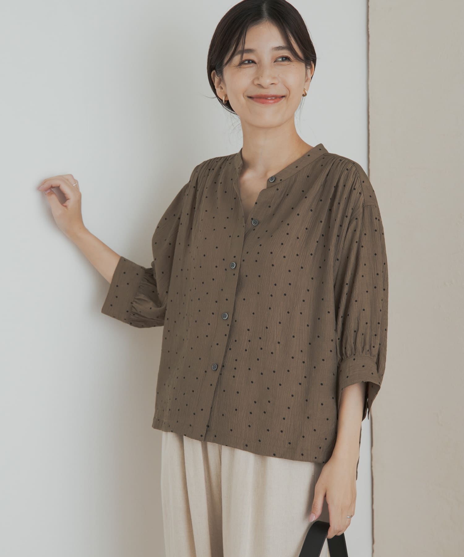 楊柳ドット5分袖ブラウス