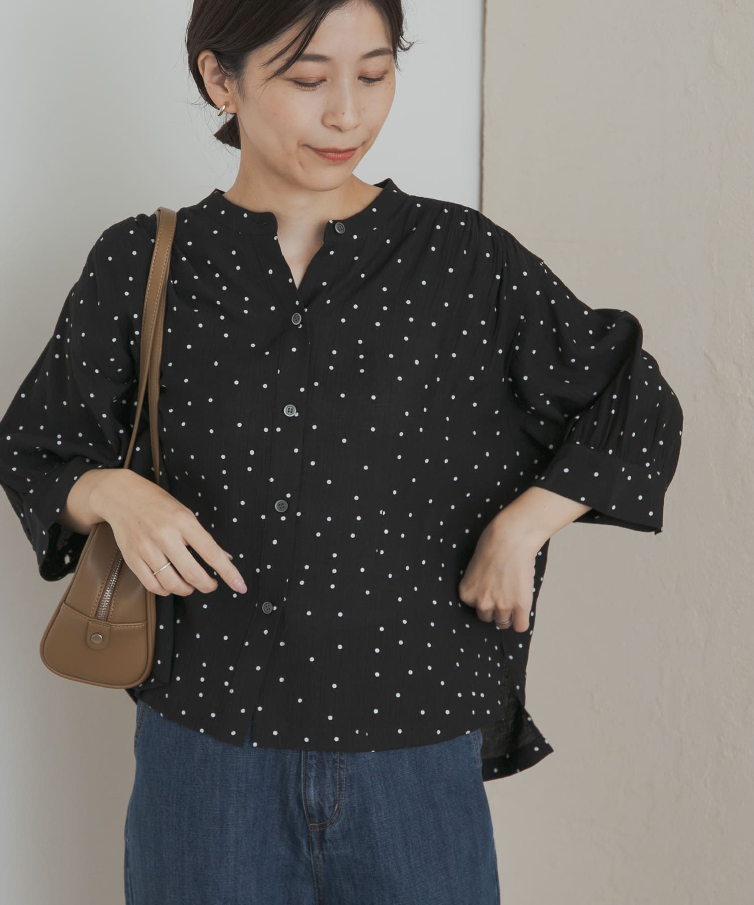 楊柳ドット5分袖ブラウス