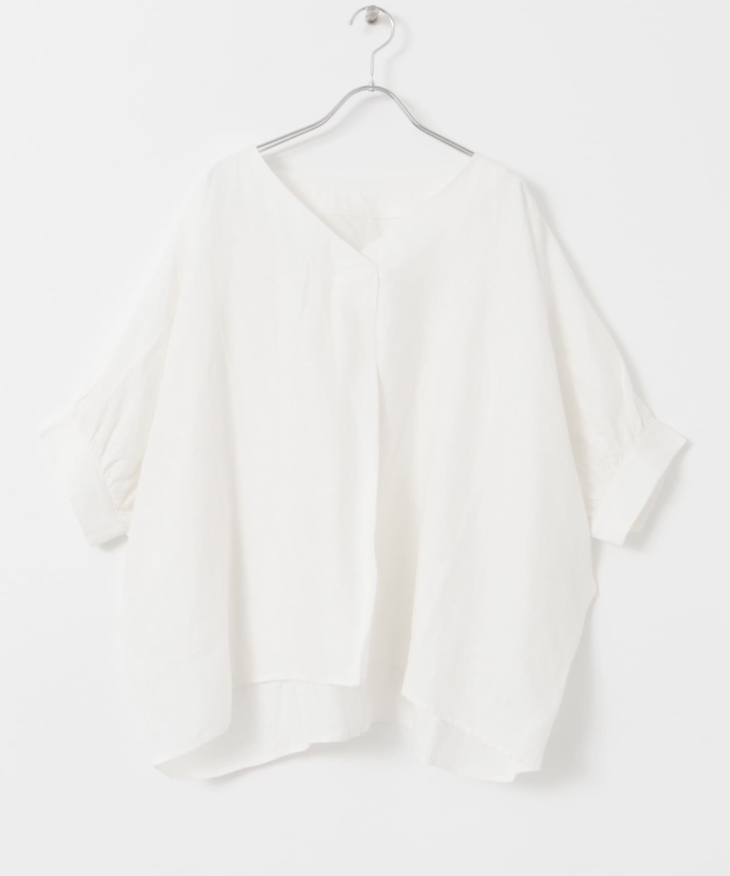 リネンギャザースリーブVネックブラウス OFF WHITE M
