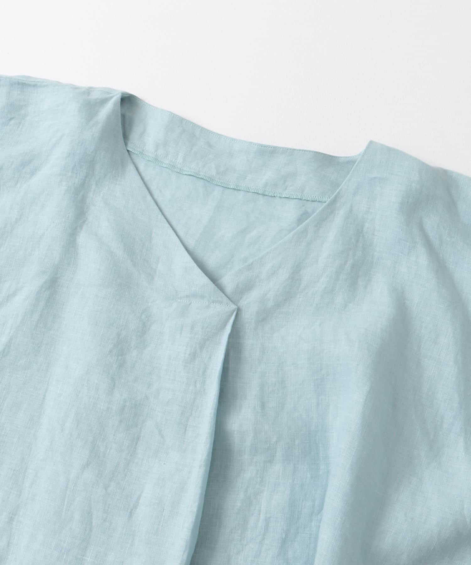 リネンギャザースリーブVネックブラウス BLUE M