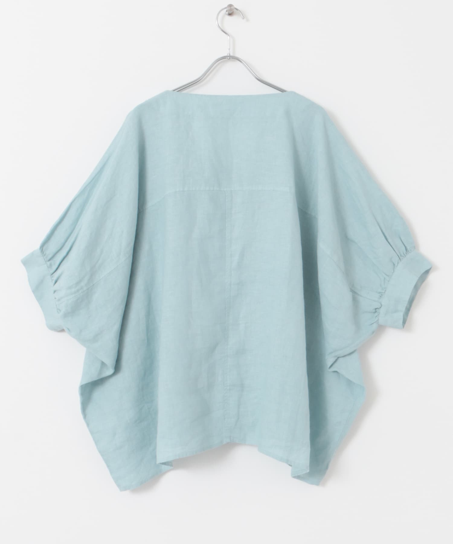 リネンギャザースリーブVネックブラウス BLUE M