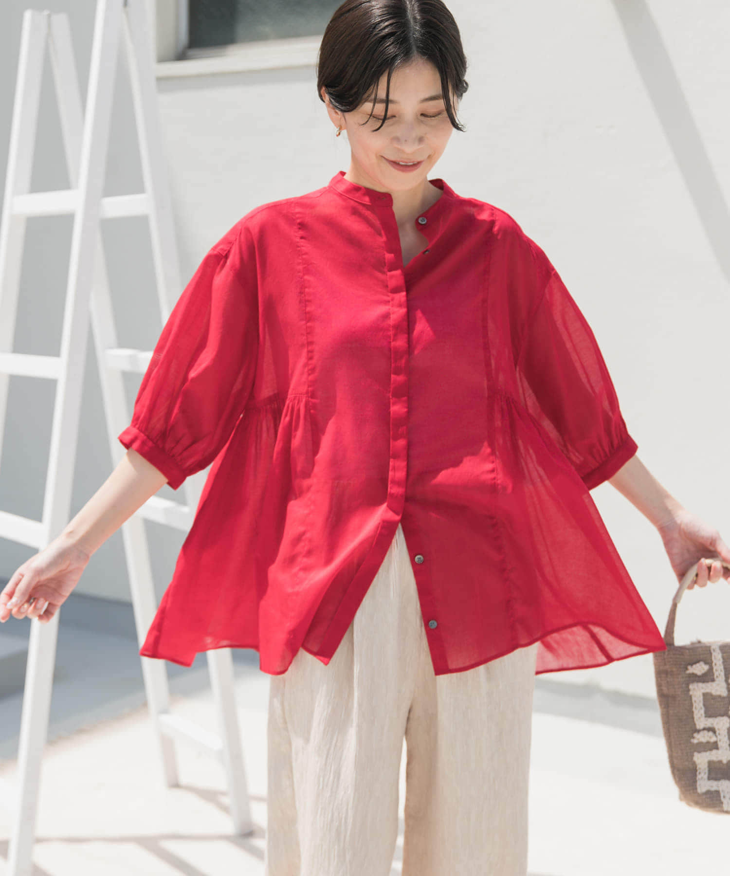 『UR TECH』ボイルサイドギャザーブラウス