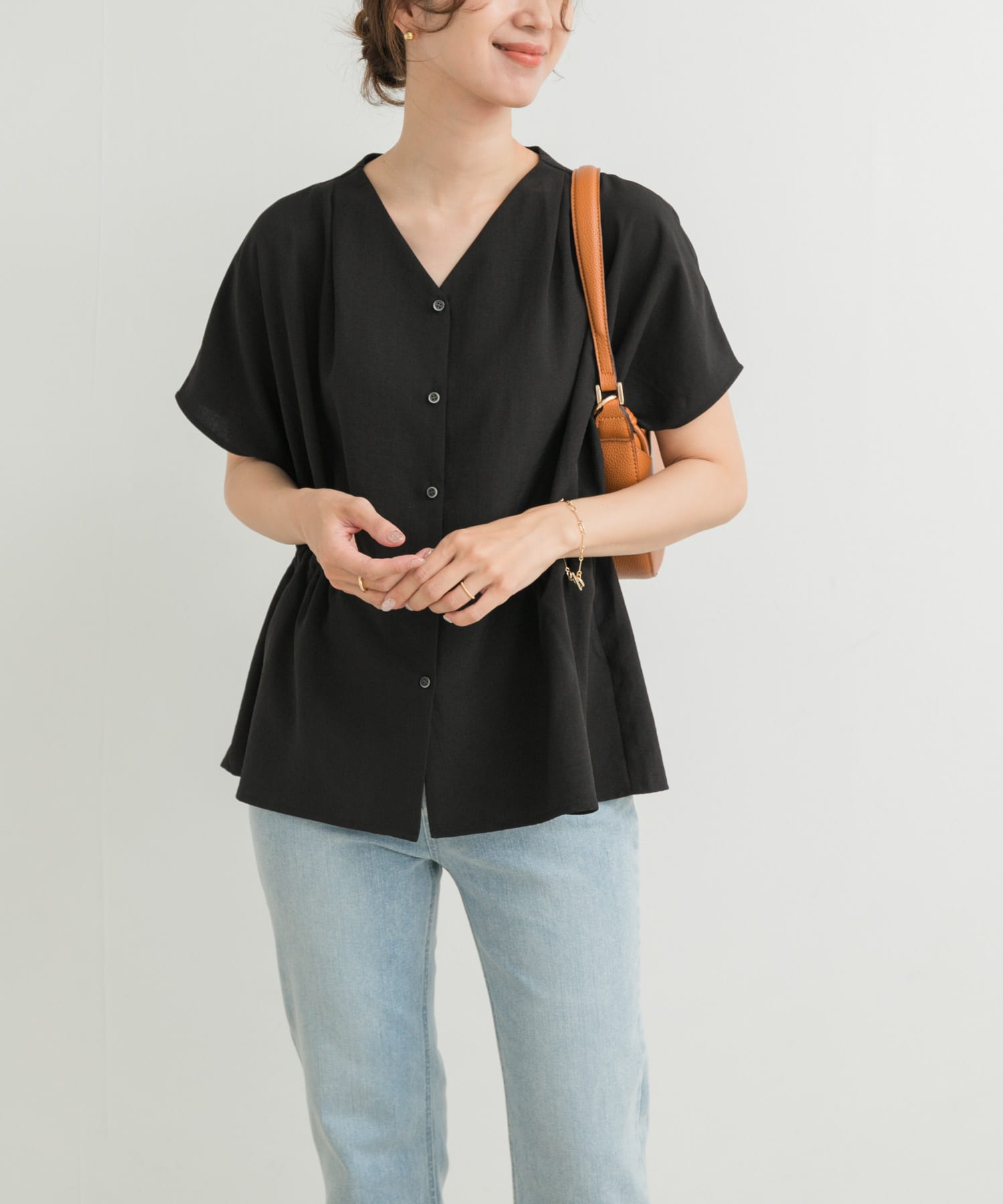 『再入荷』Vネックウエストギャザーブラウス