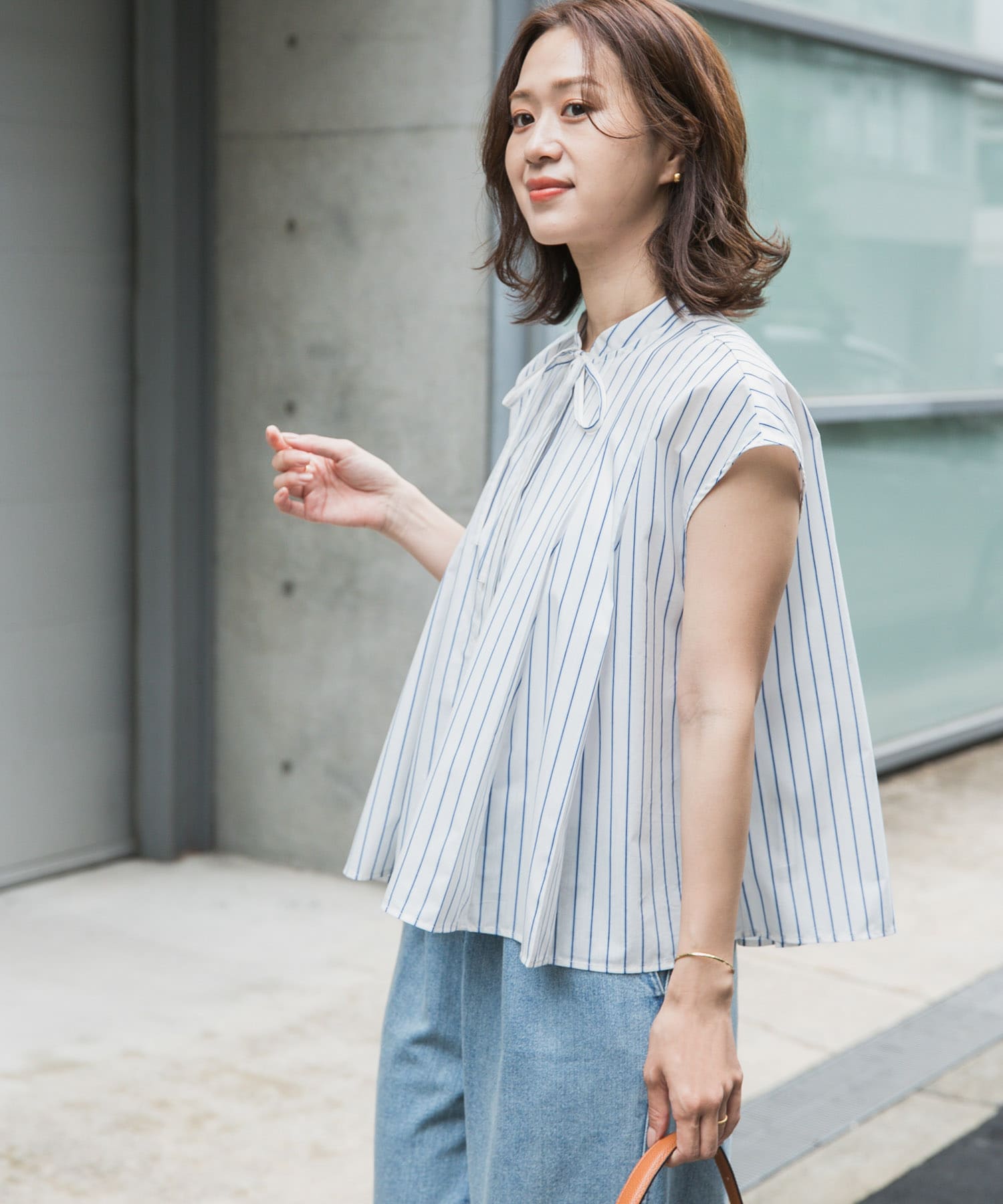 ★ププリン★【新品】RELAROBE　ベスト ストライプリボンフレアフレンチブラウス(M OFF): トップス｜URBAN