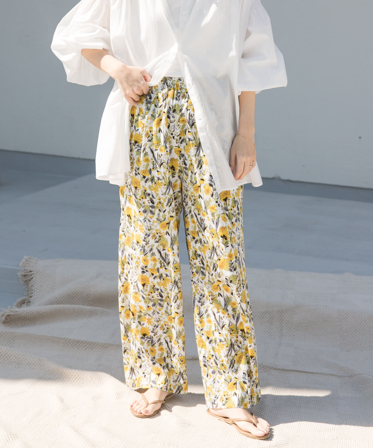 『イージーケア/接触冷感』フラワープリントイージーパンツ