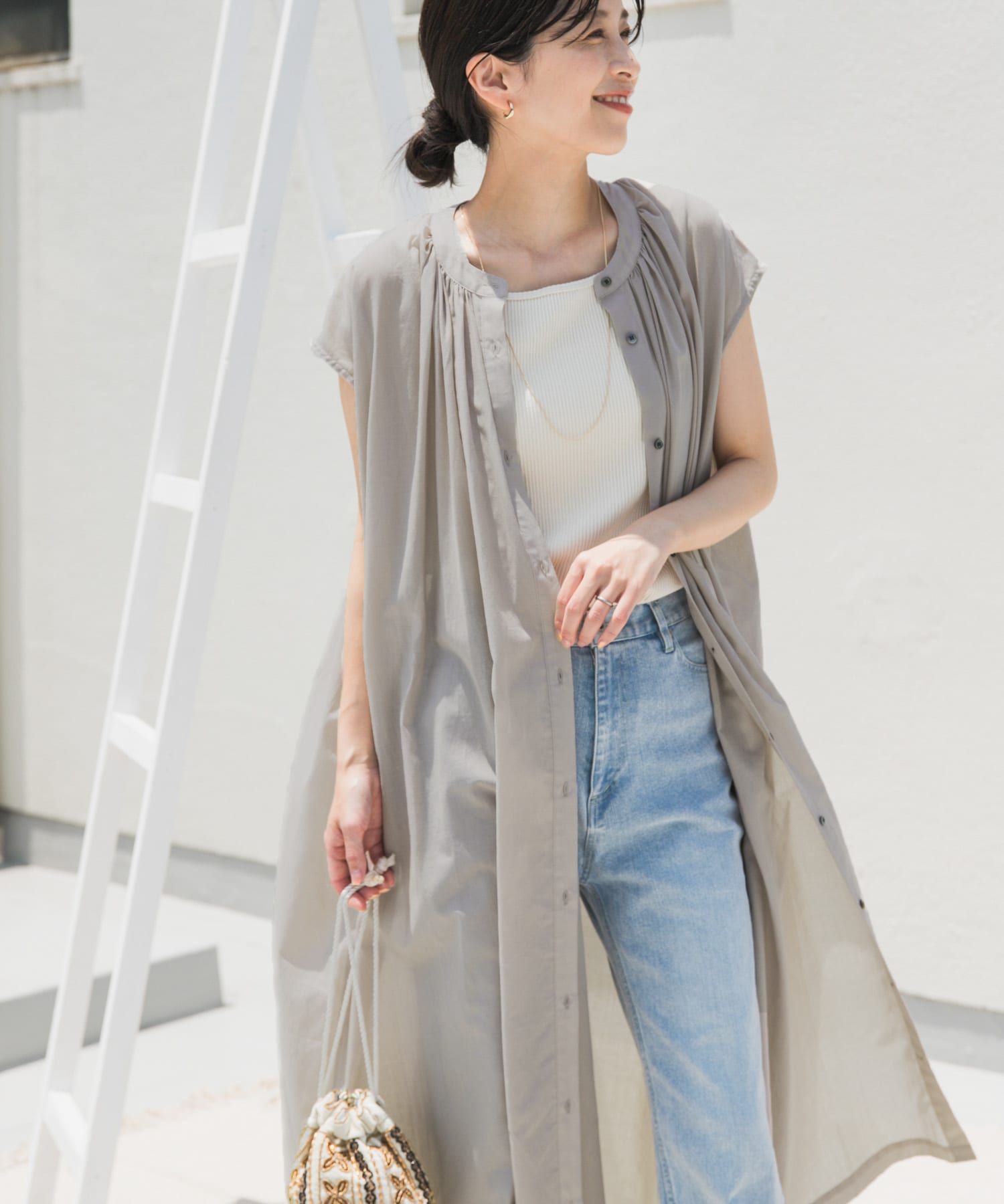 コットンボイルギャザーフレンチワンピース(M GREIGE): ワンピース