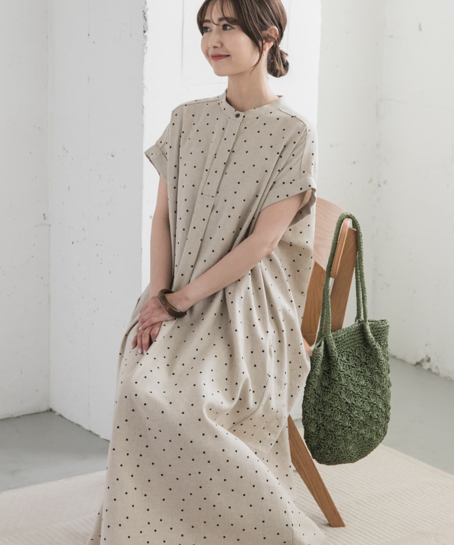 リネンレーヨンドットフレアワンピース