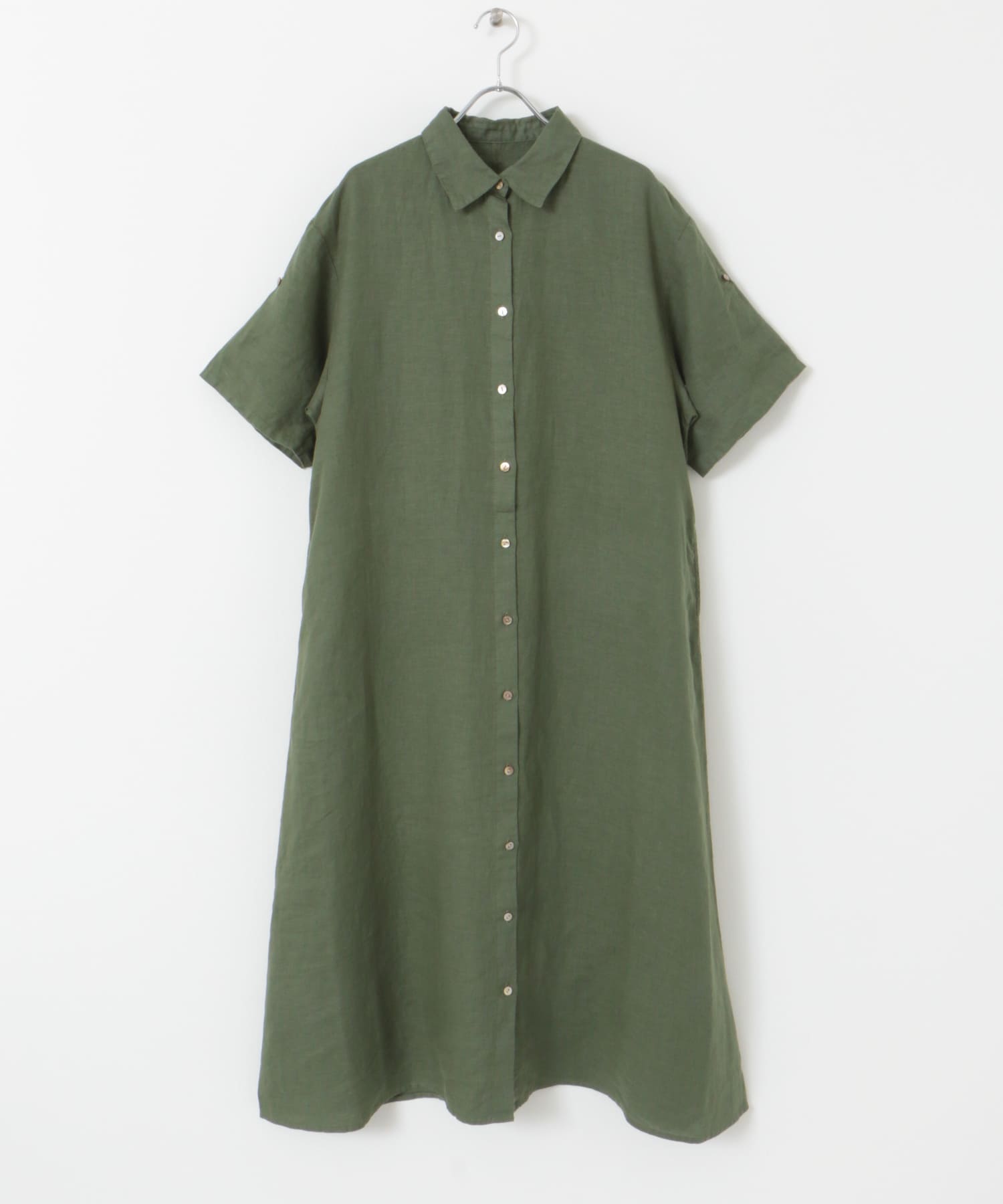 『WEB/一部店舗限定カラー』リネン半袖シャツワンピース GREEN M