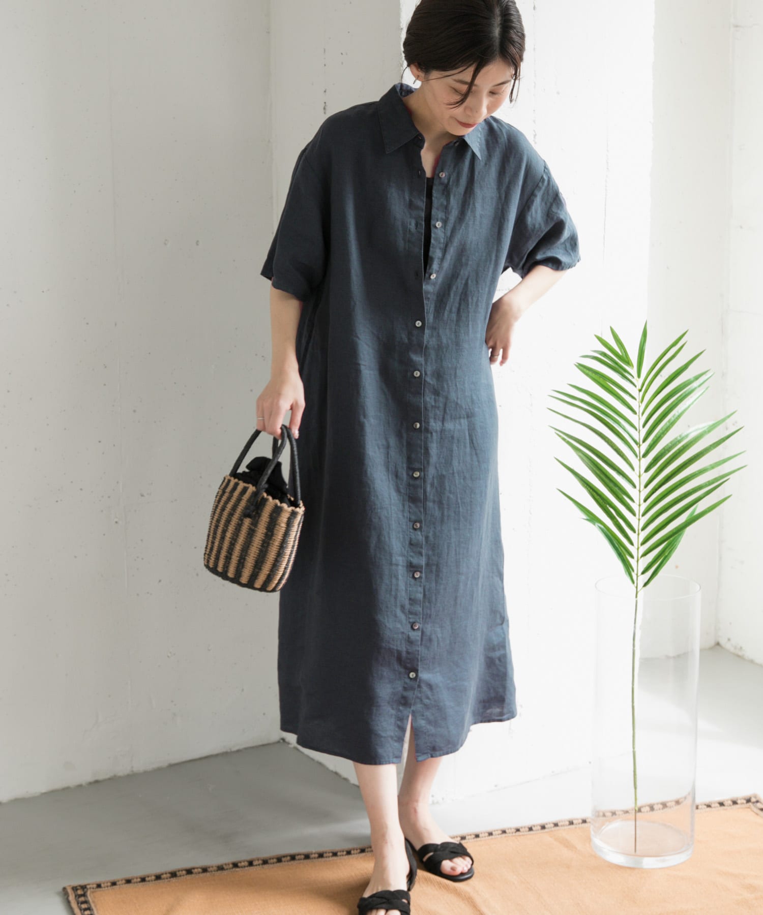 『WEB/一部店舗限定カラー』リネン半袖シャツワンピース