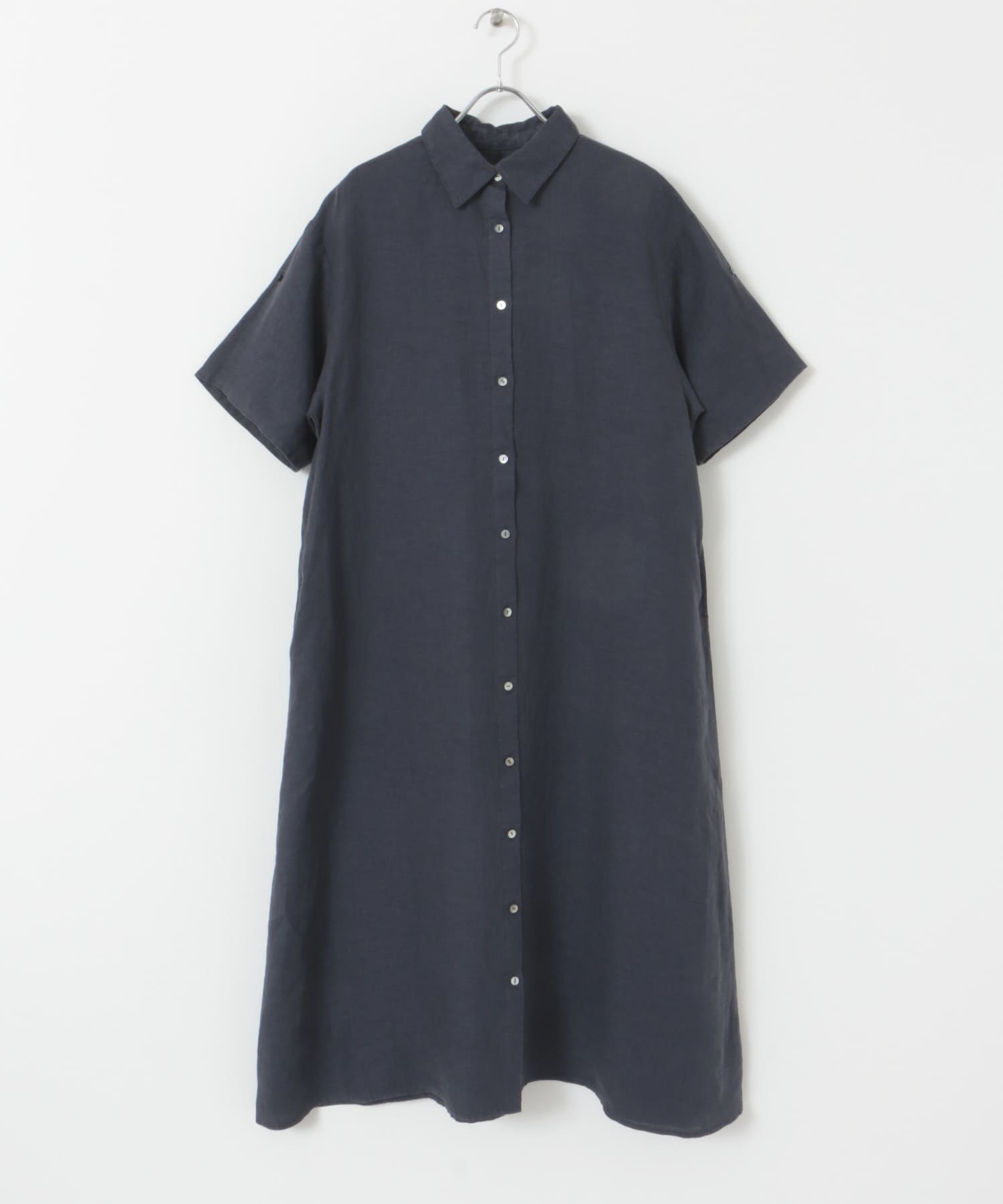 『WEB/一部店舗限定カラー』リネン半袖シャツワンピース NAVY M