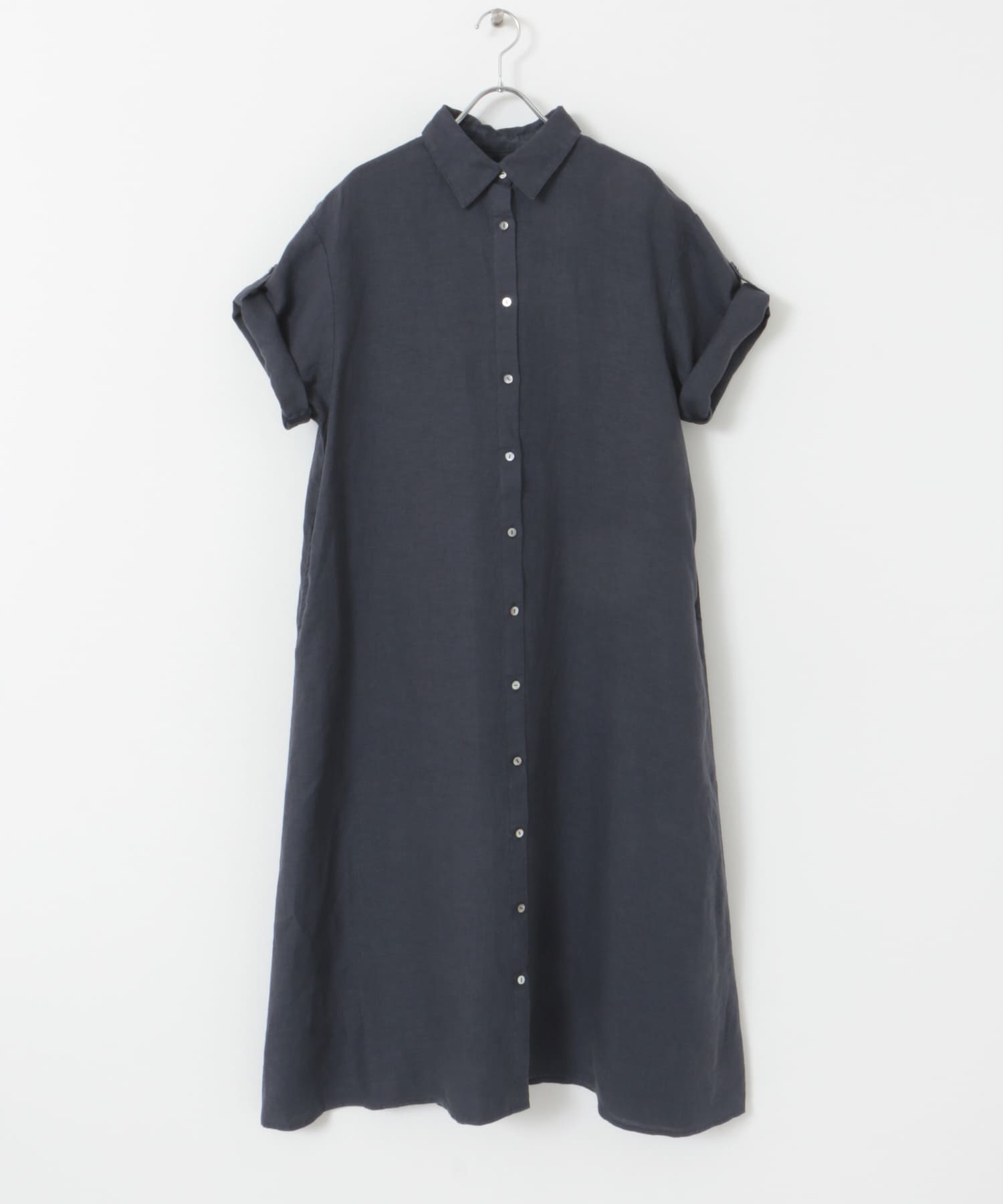 『WEB/一部店舗限定カラー』リネン半袖シャツワンピース NAVY M