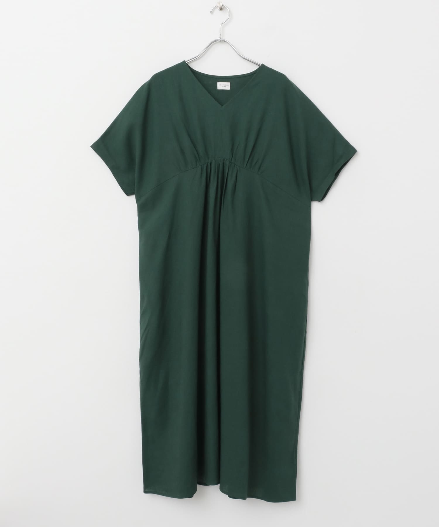 リネンレーヨンVネック切替ギャザーワンピース GREEN M