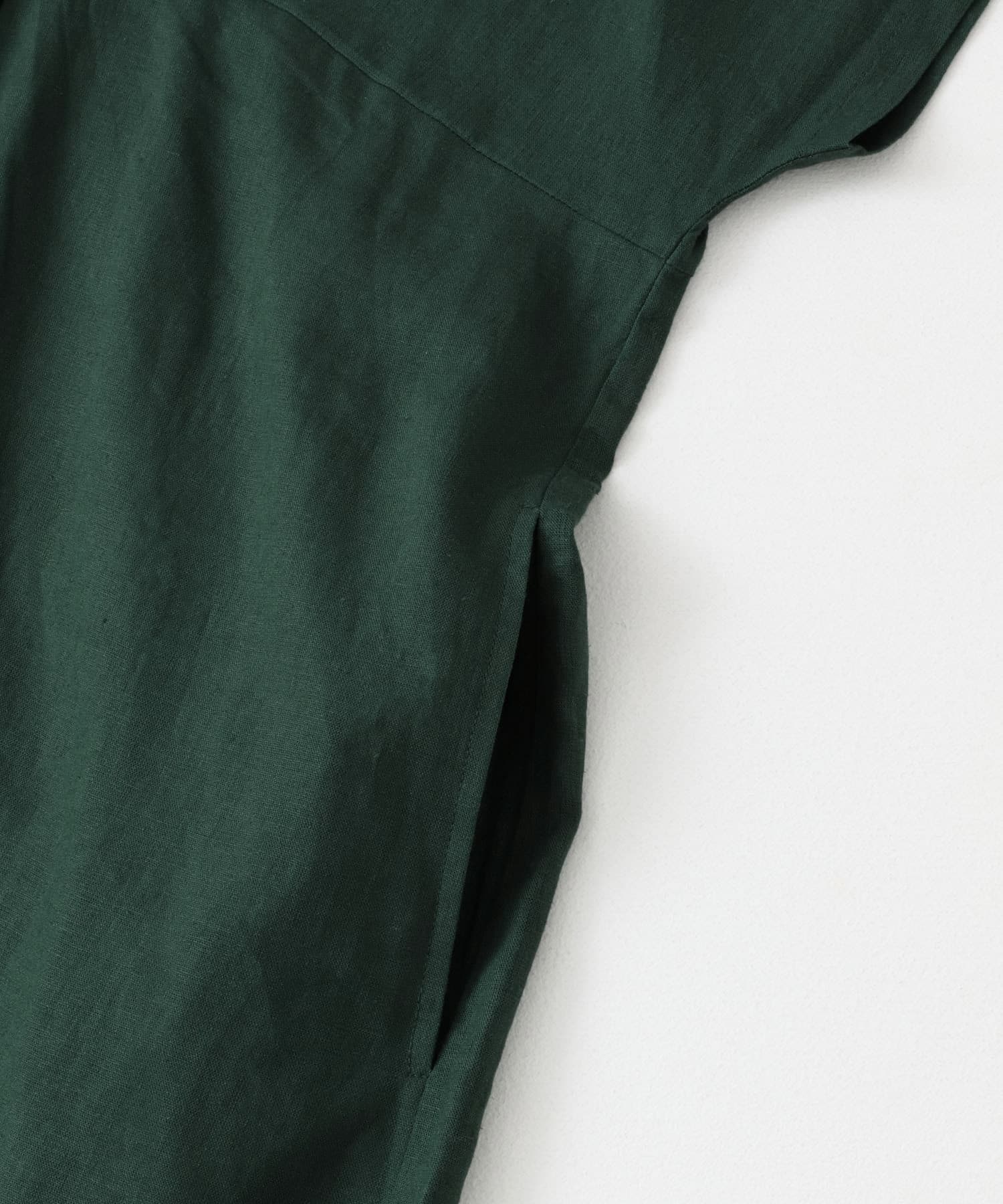 リネンレーヨンVネック切替ギャザーワンピース GREEN M
