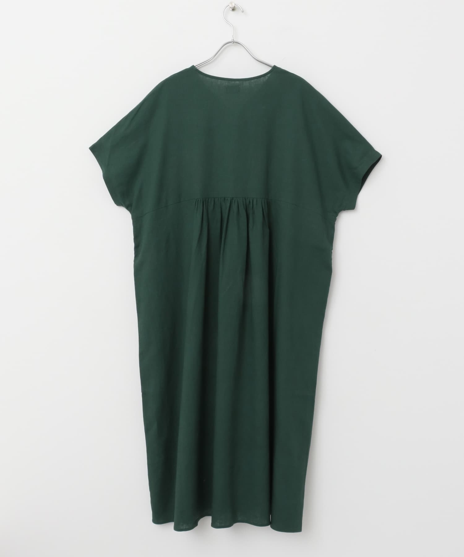 リネンレーヨンVネック切替ギャザーワンピース GREEN M