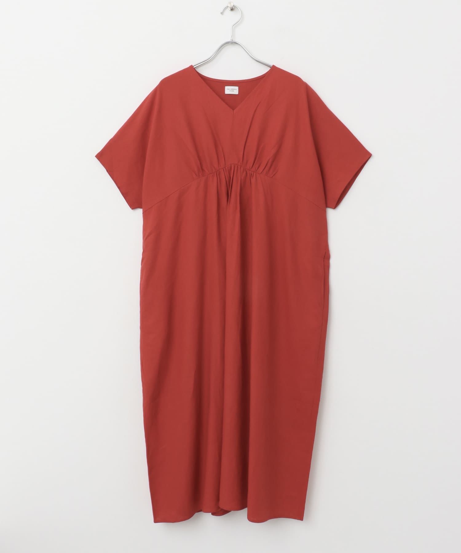 リネンレーヨンVネック切替ギャザーワンピース(M RED