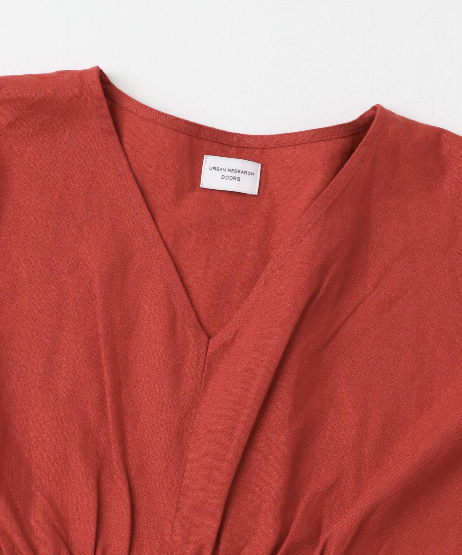 リネンレーヨンVネック切替ギャザーワンピース RED M