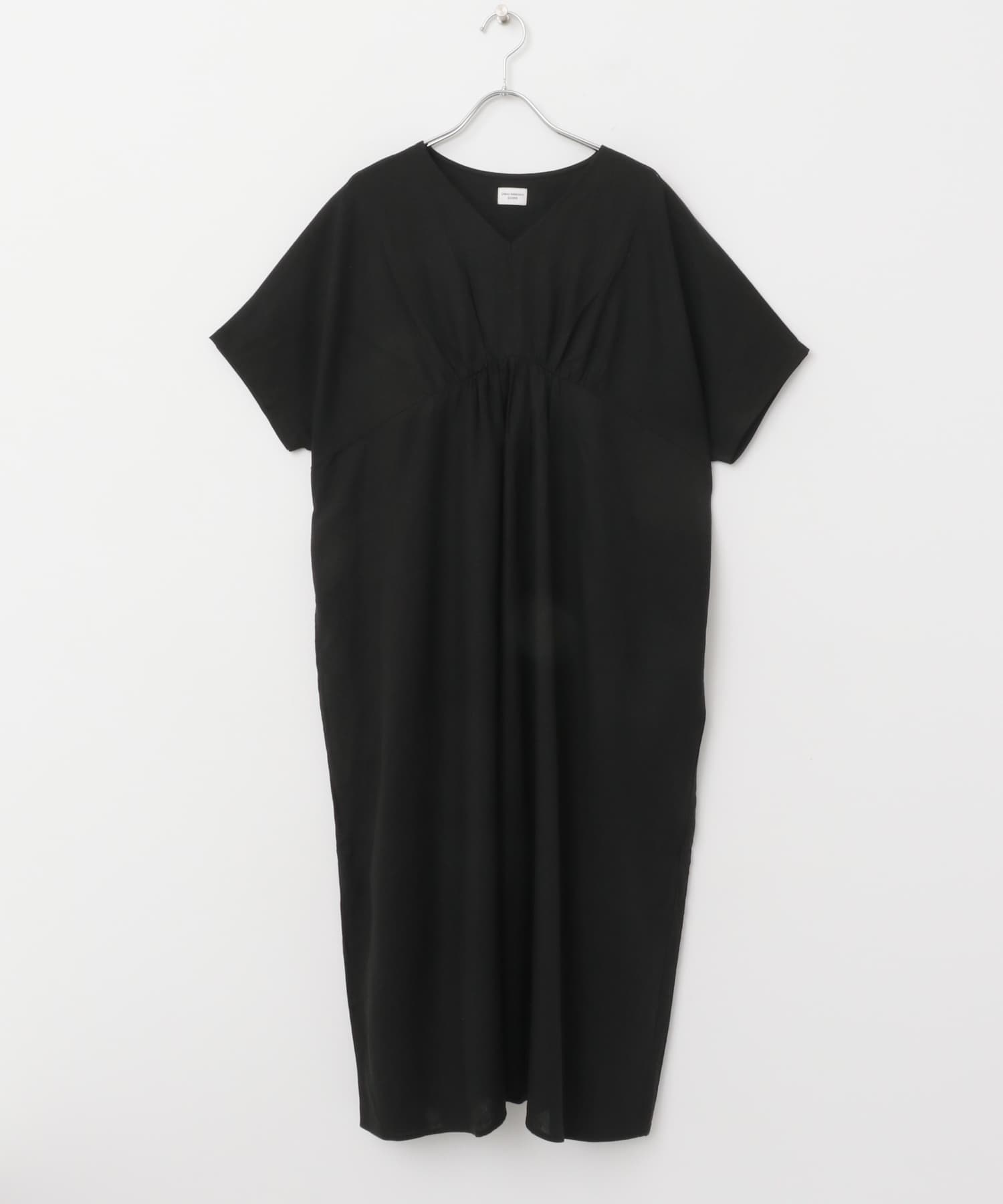 リネンレーヨンVネック切替ギャザーワンピース BLACK M