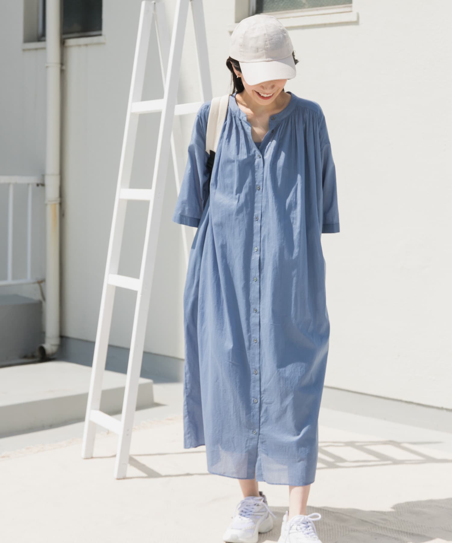 コットンボイルロールアップハーフスリーブワンピース