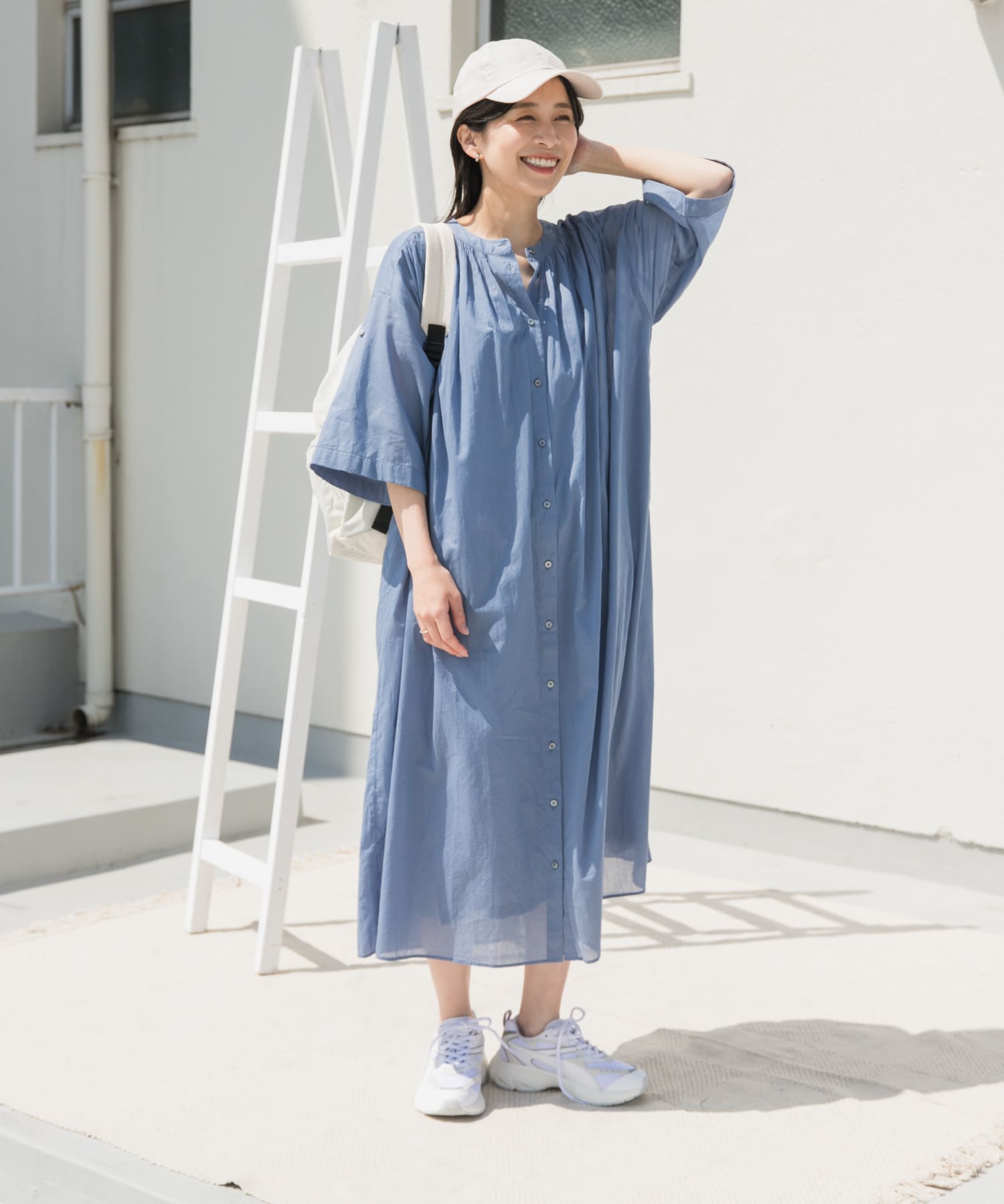 コットンボイルロールアップハーフスリーブワンピース(M BLUE