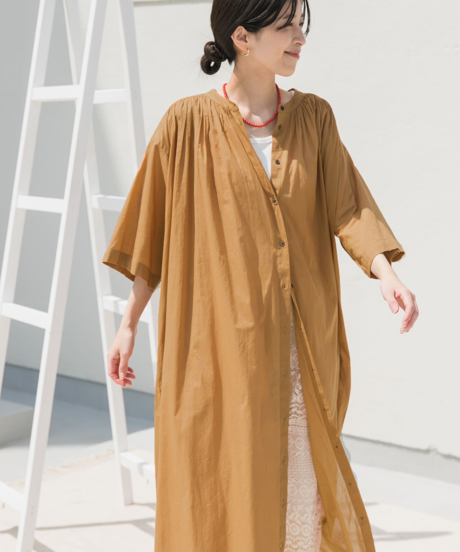 コットンボイルロールアップハーフスリーブワンピース