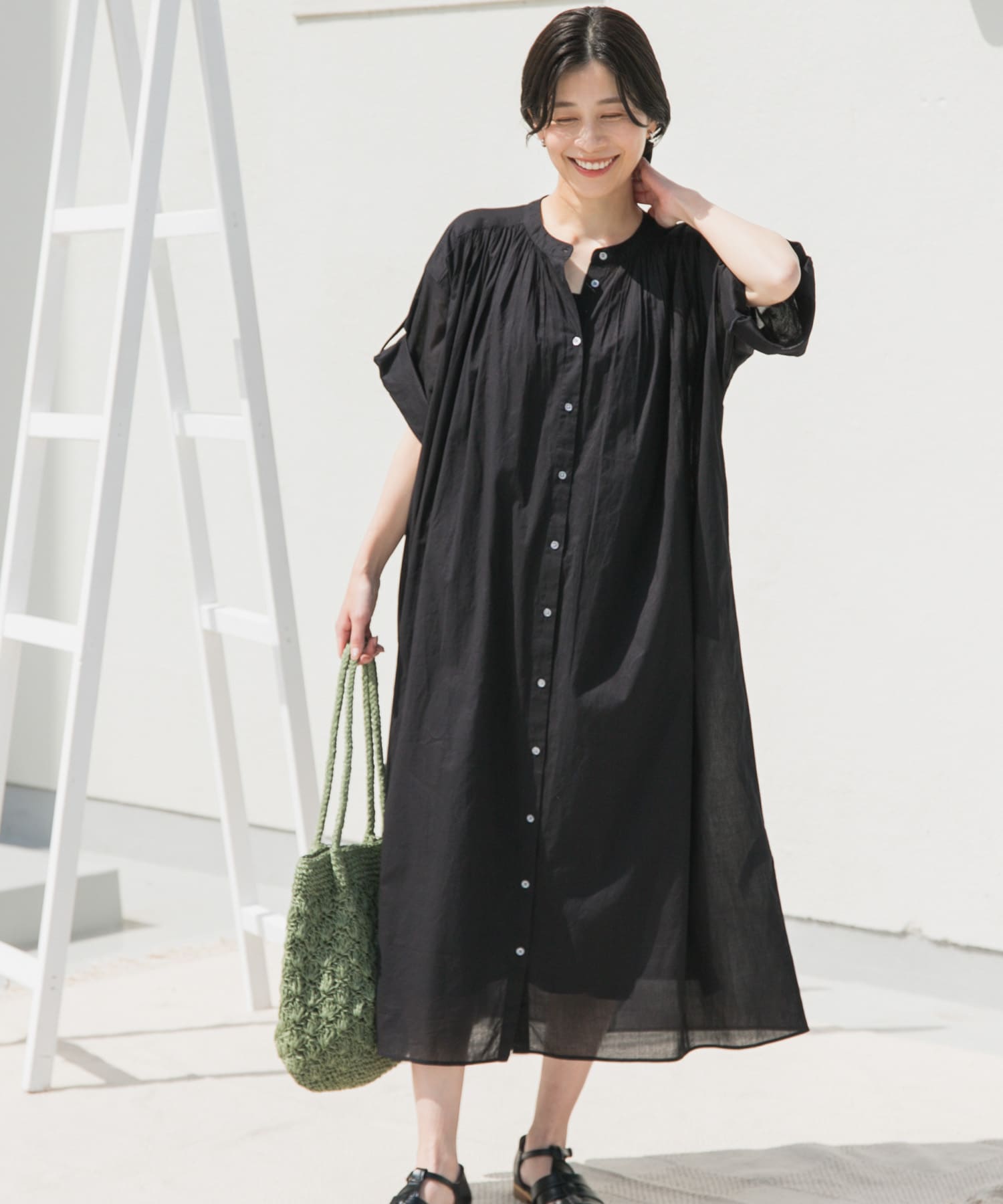 コットンボイルロールアップハーフスリーブワンピース