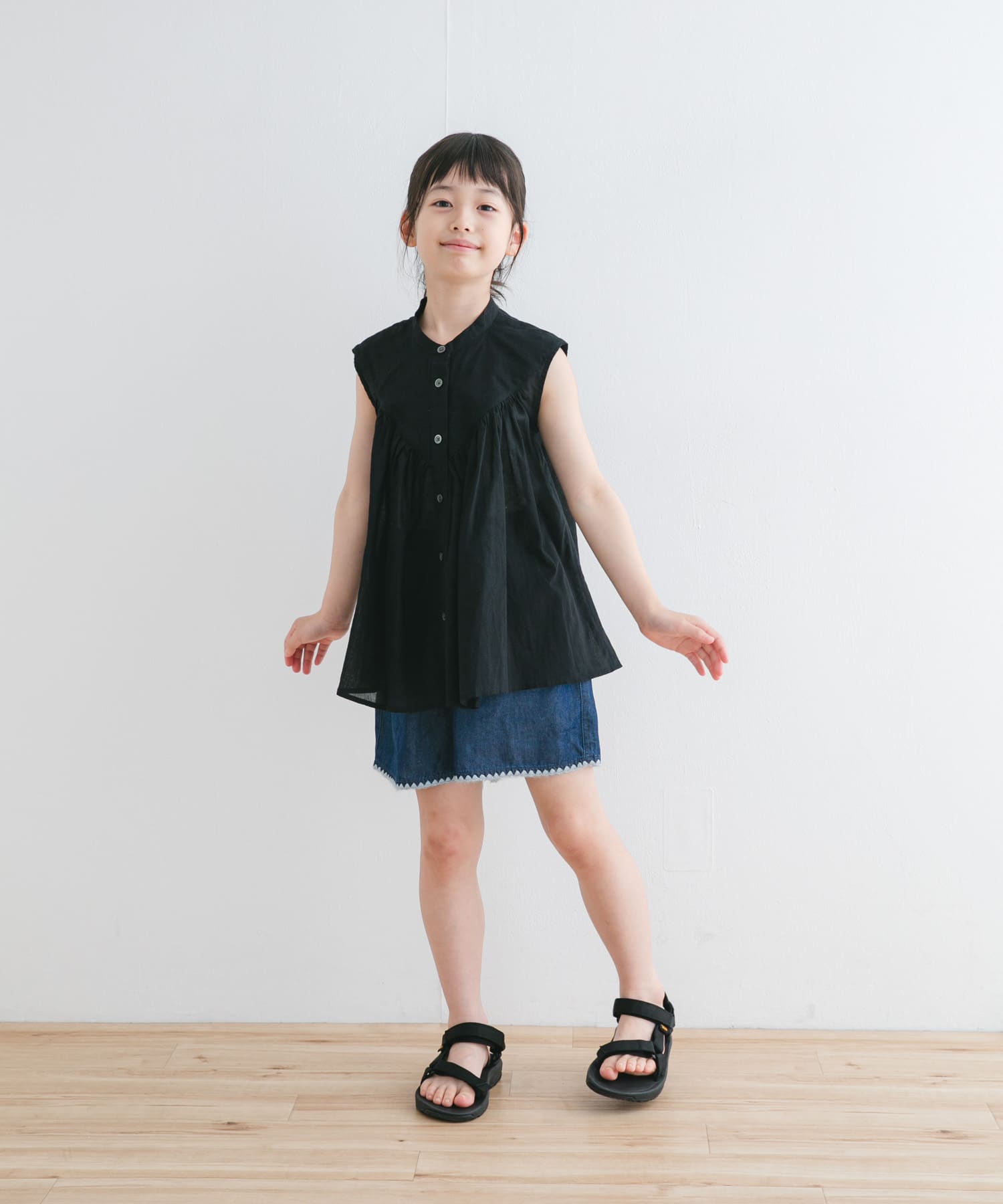 親子リンク』コットンボイルV切替ブラウス(KIDS)(105 GREEN): キッズ