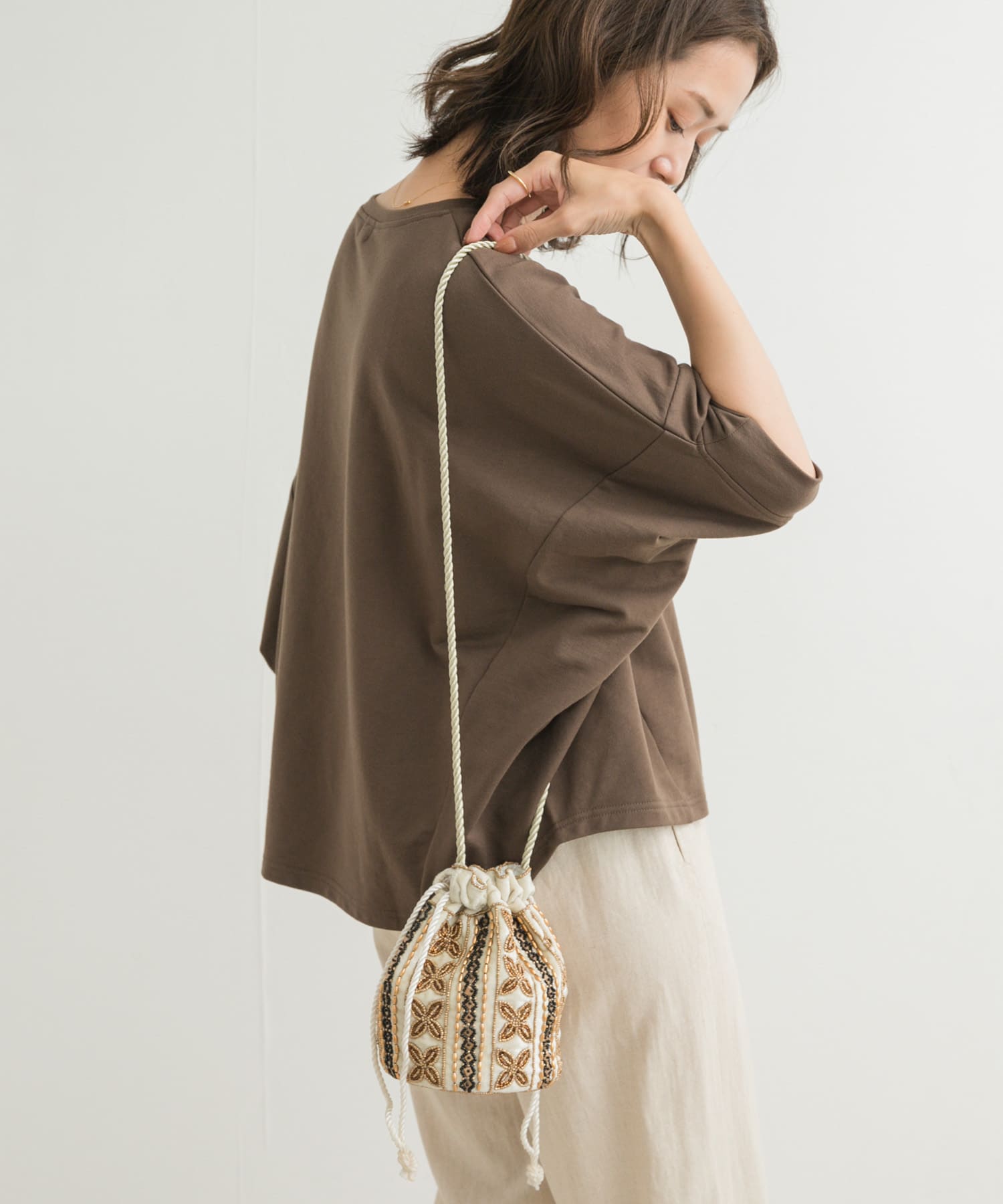 インドビーズ巾着バッグ IVORY one