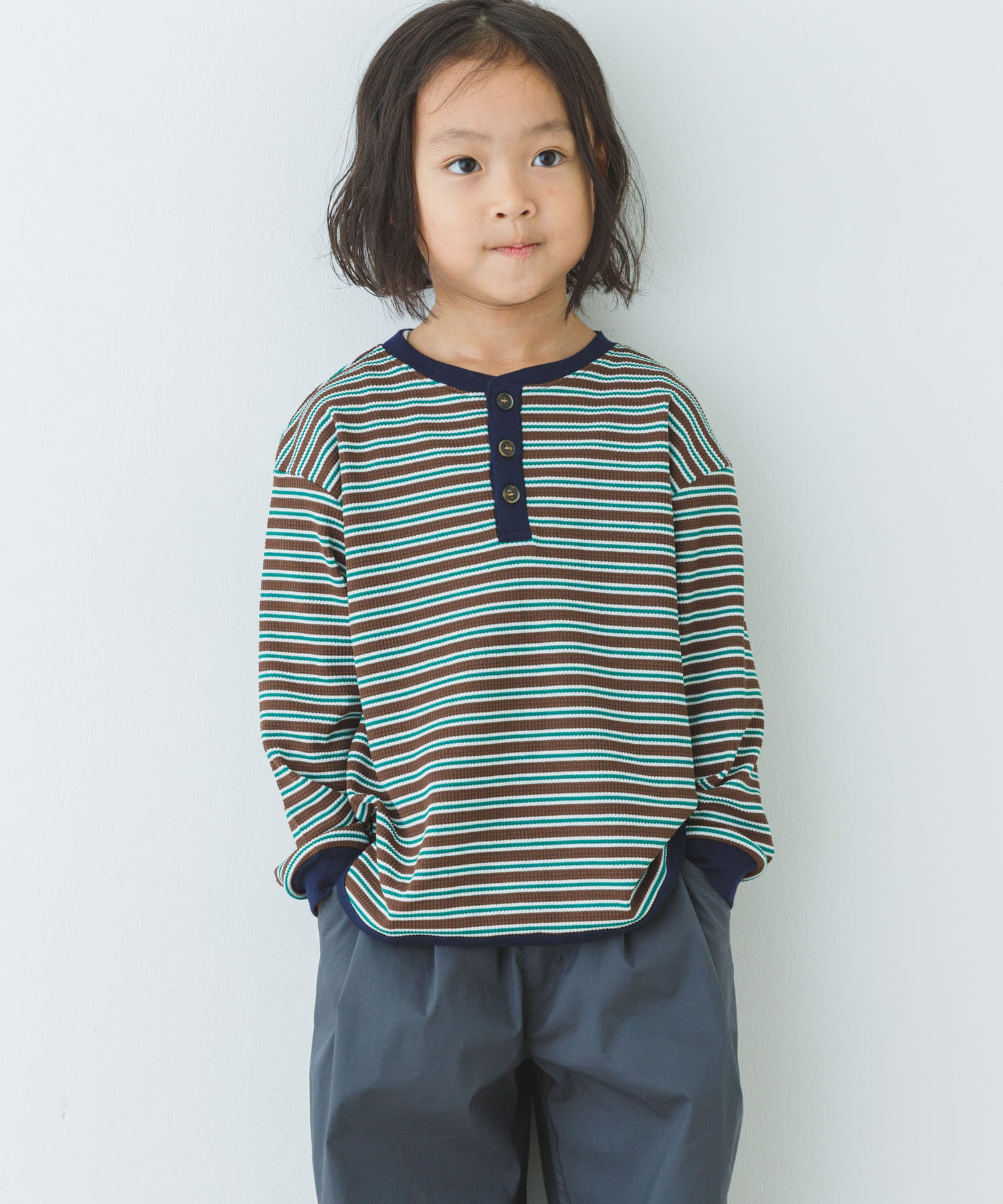 『WEB/一部店舗限定サイズ』ワッフルボーダーロングTシャツ(KIDS)