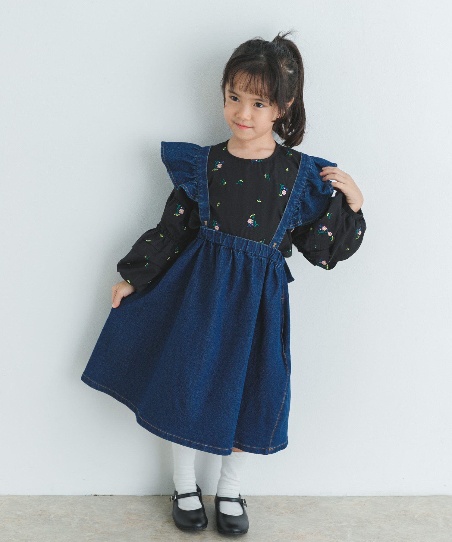 フラワー刺繍袖ボリュームブラウス(KIDS) BLACK 120