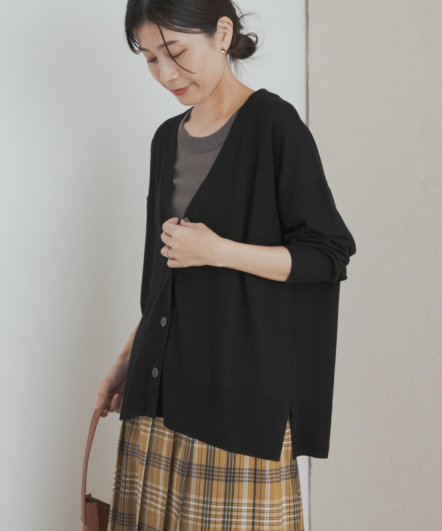 ウォッシャブルウールVネックワイドカーディガン BLACK M