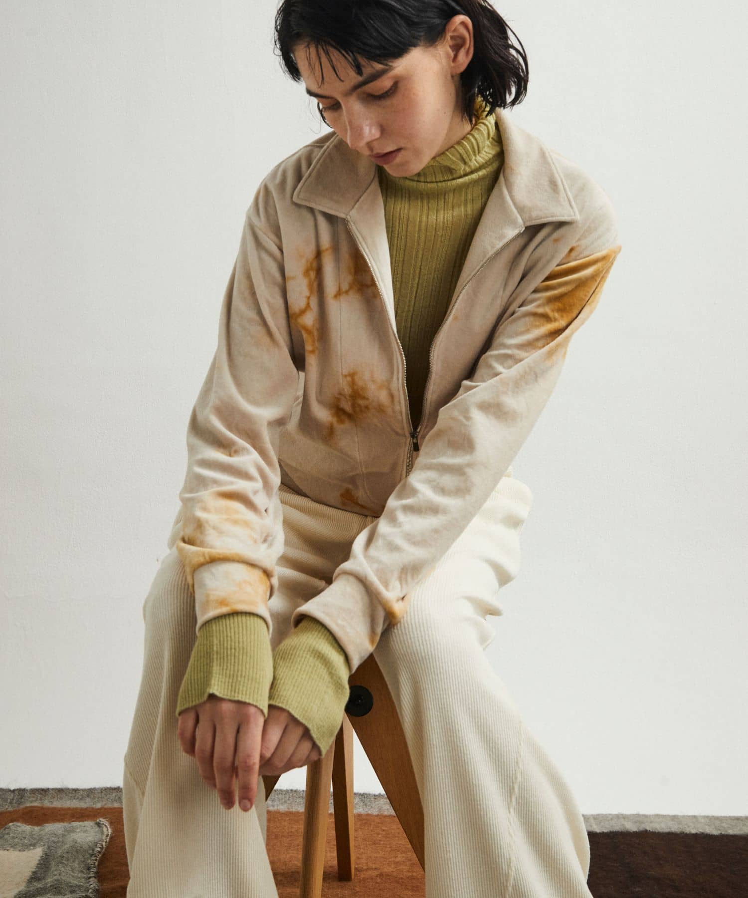 unfil　tie-dyed velour zip polo mustard 0