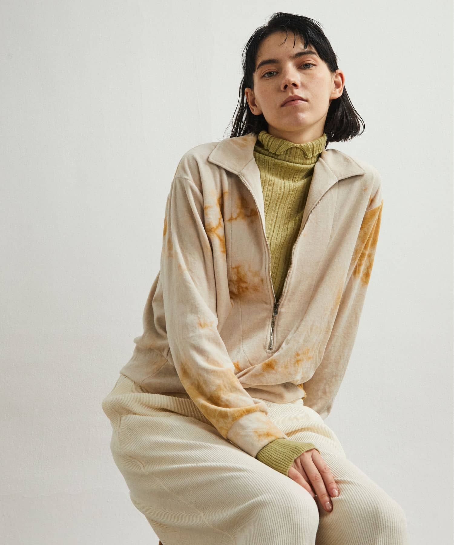 unfil　tie-dyed velour zip polo mustard 0