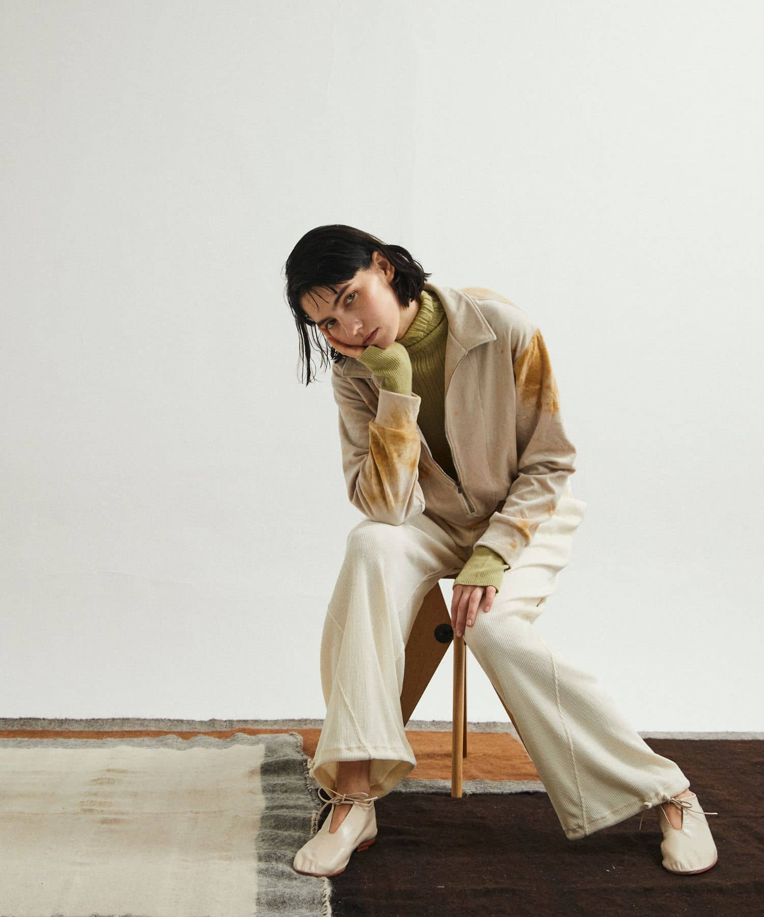 unfil　tie-dyed velour zip polo mustard 0