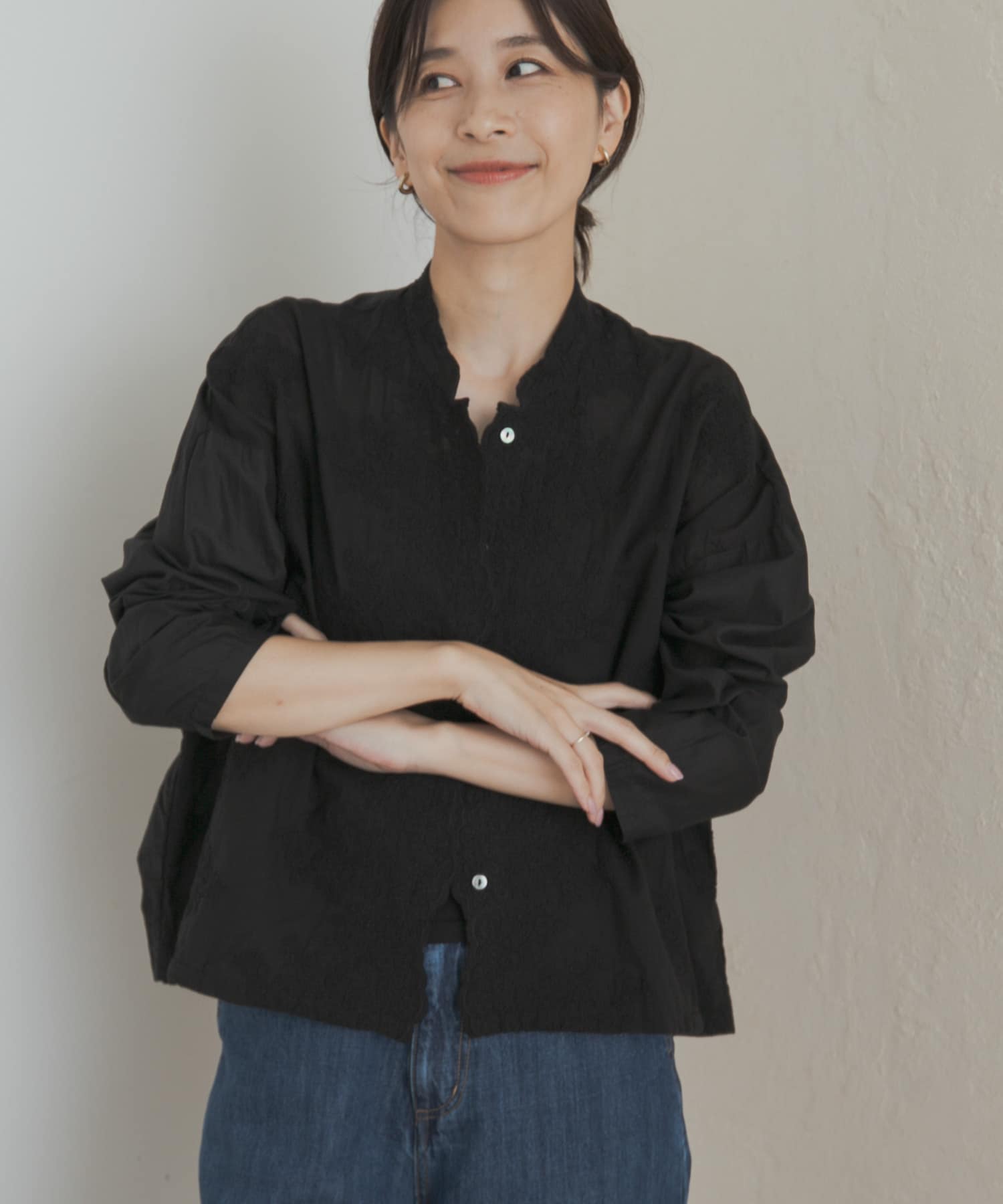 mizuiro ind lacestandcollar wideshirts(one off white): トップス