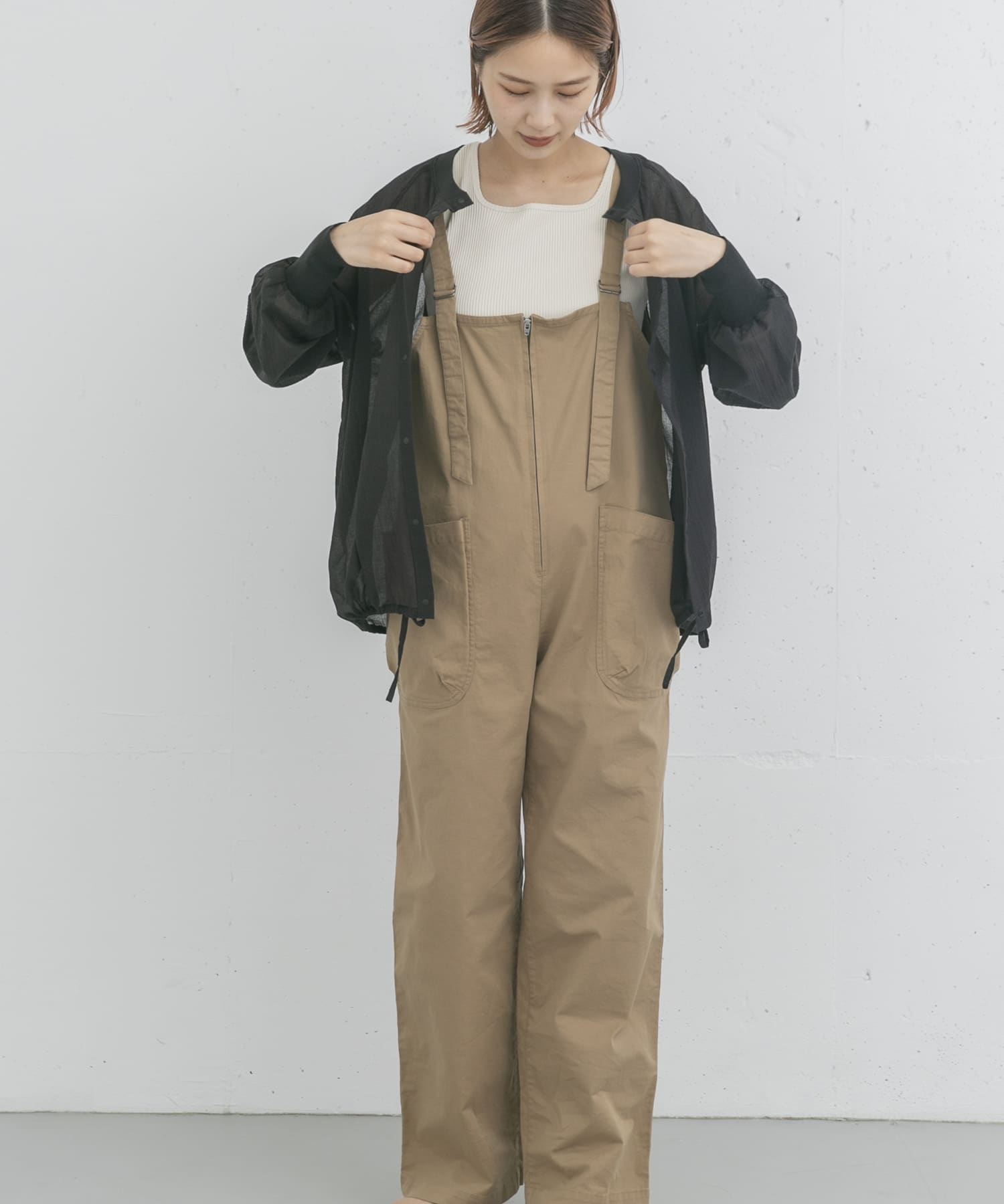 製品洗いジップデザインサロペット