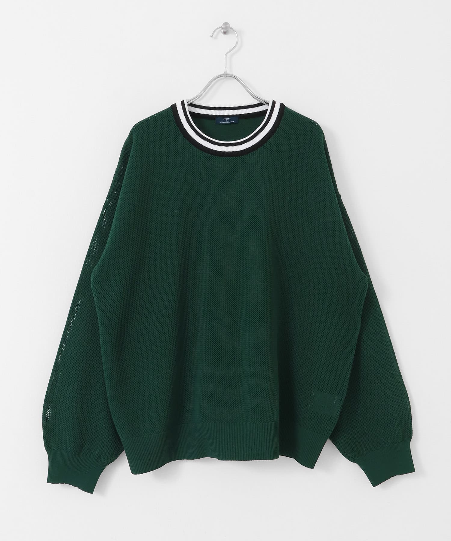 衿ライン メッシュクルーネック プルオーバー GRN M