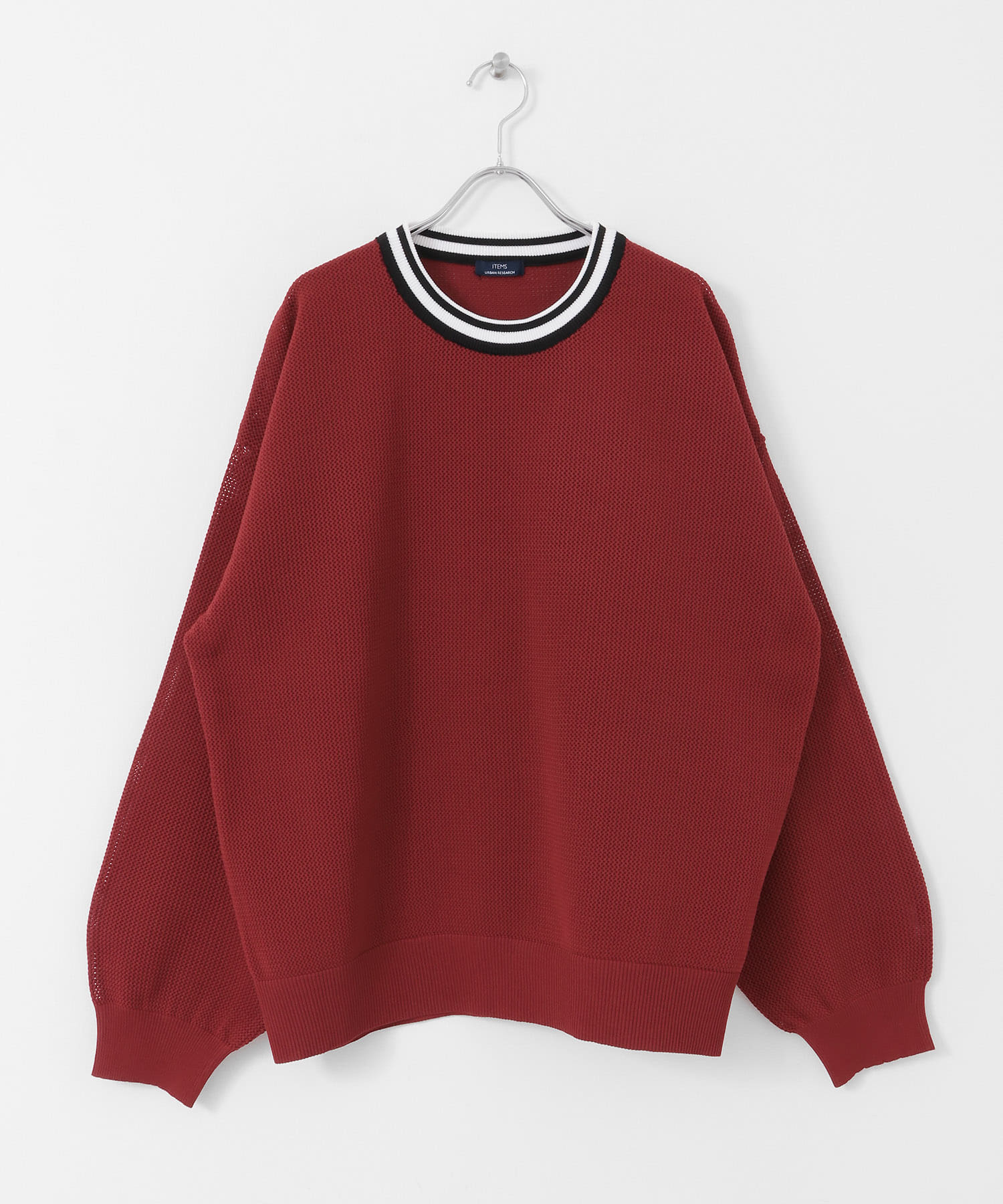 衿ライン メッシュクルーネック プルオーバー RED M