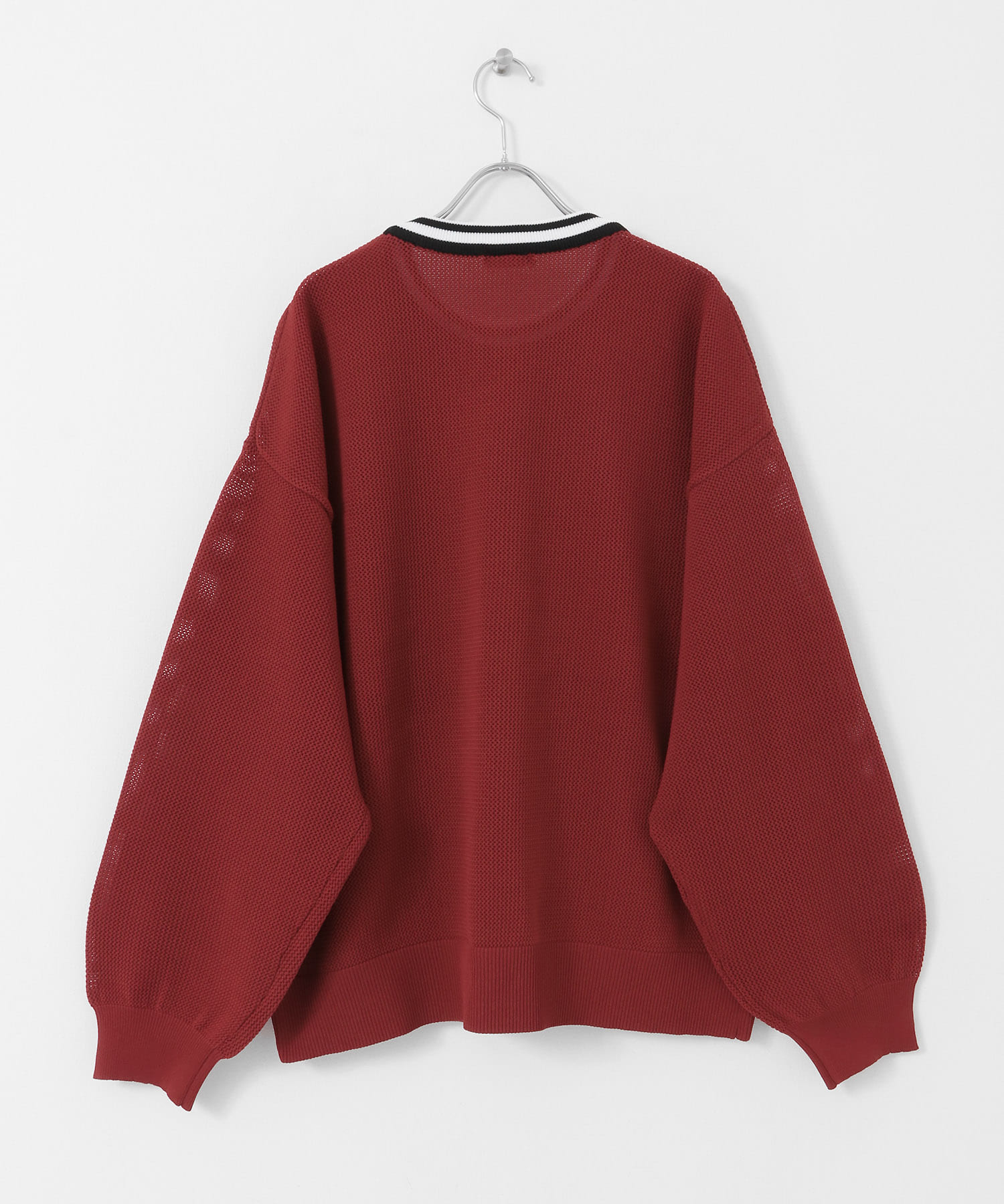 衿ライン メッシュクルーネック プルオーバー RED M