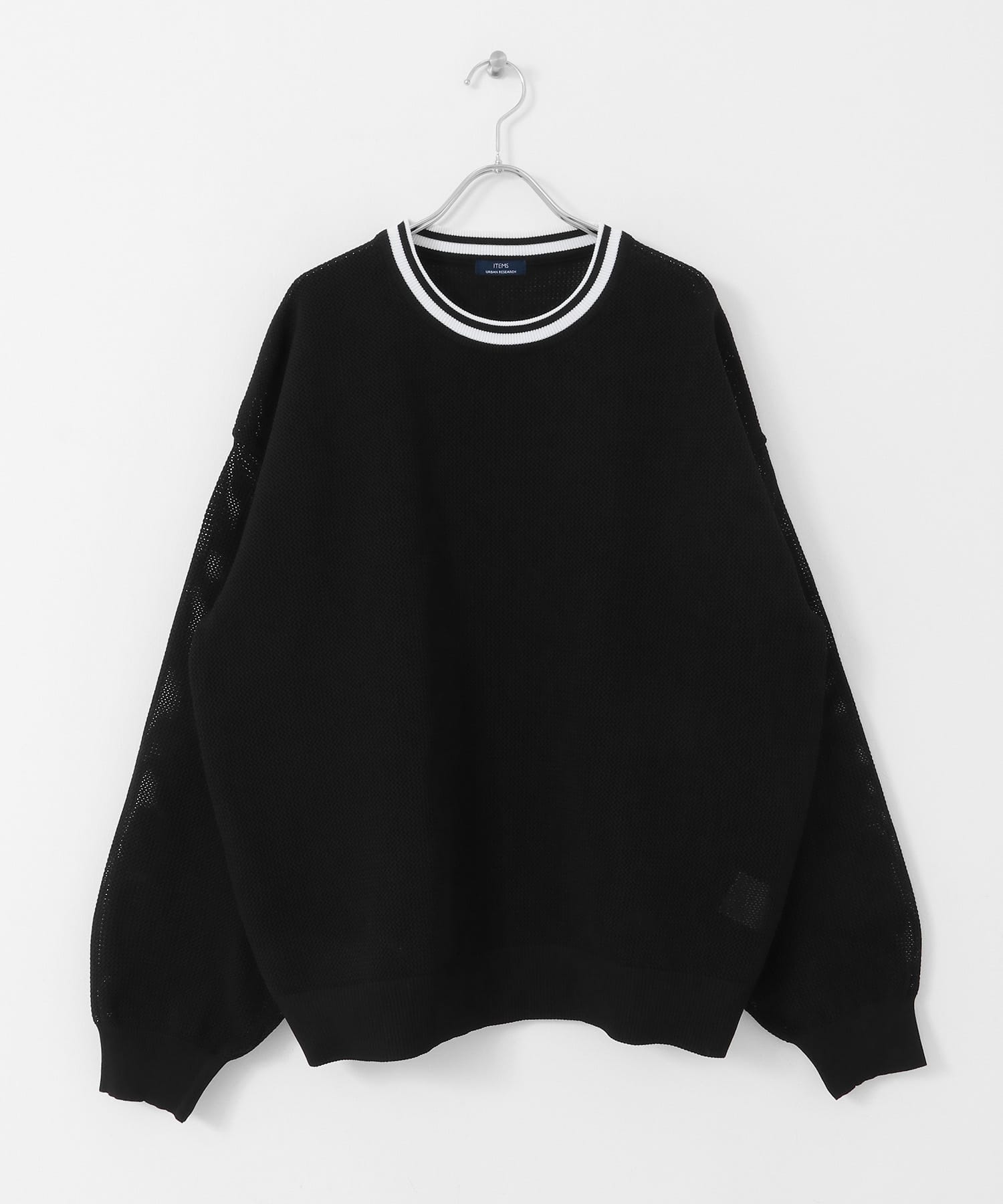 衿ライン メッシュクルーネック プルオーバー BLK M
