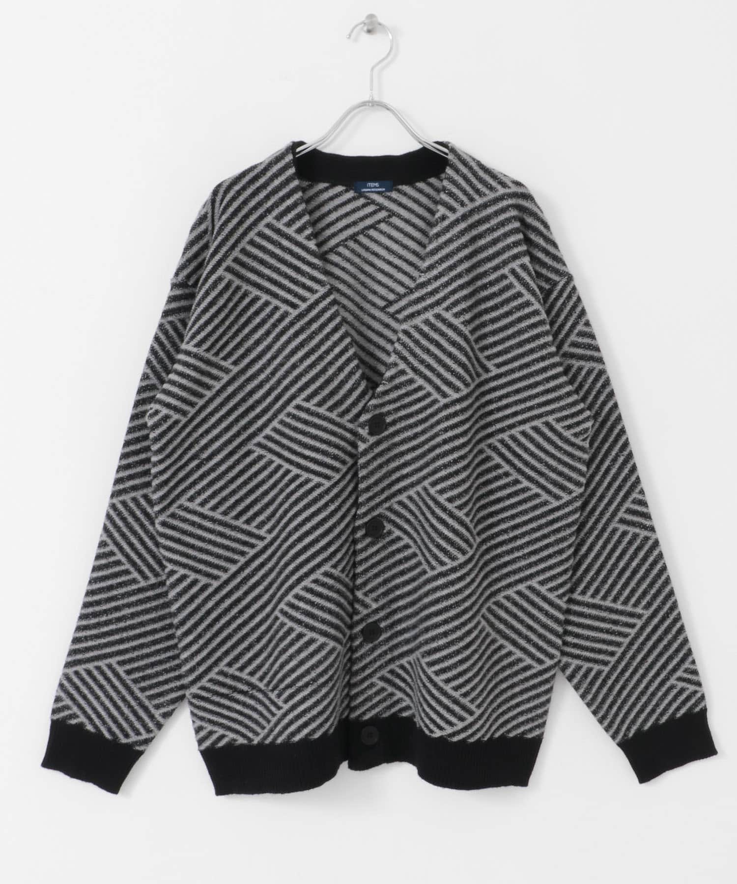 マシンウォッシャブルバイヤスジオメ ニットカーディガン BLK M