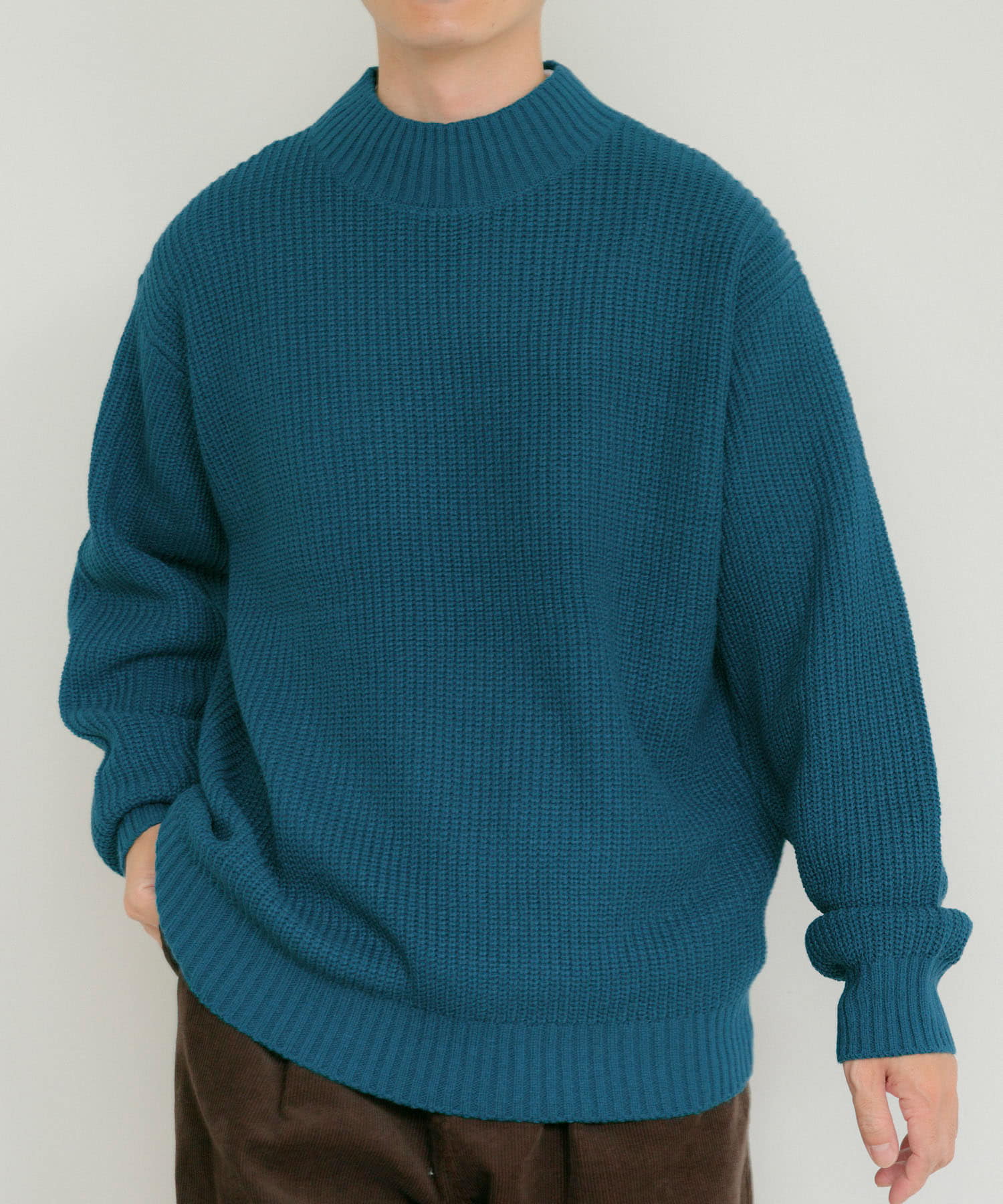 マシンウォッシャブル 片畦モックネックニット