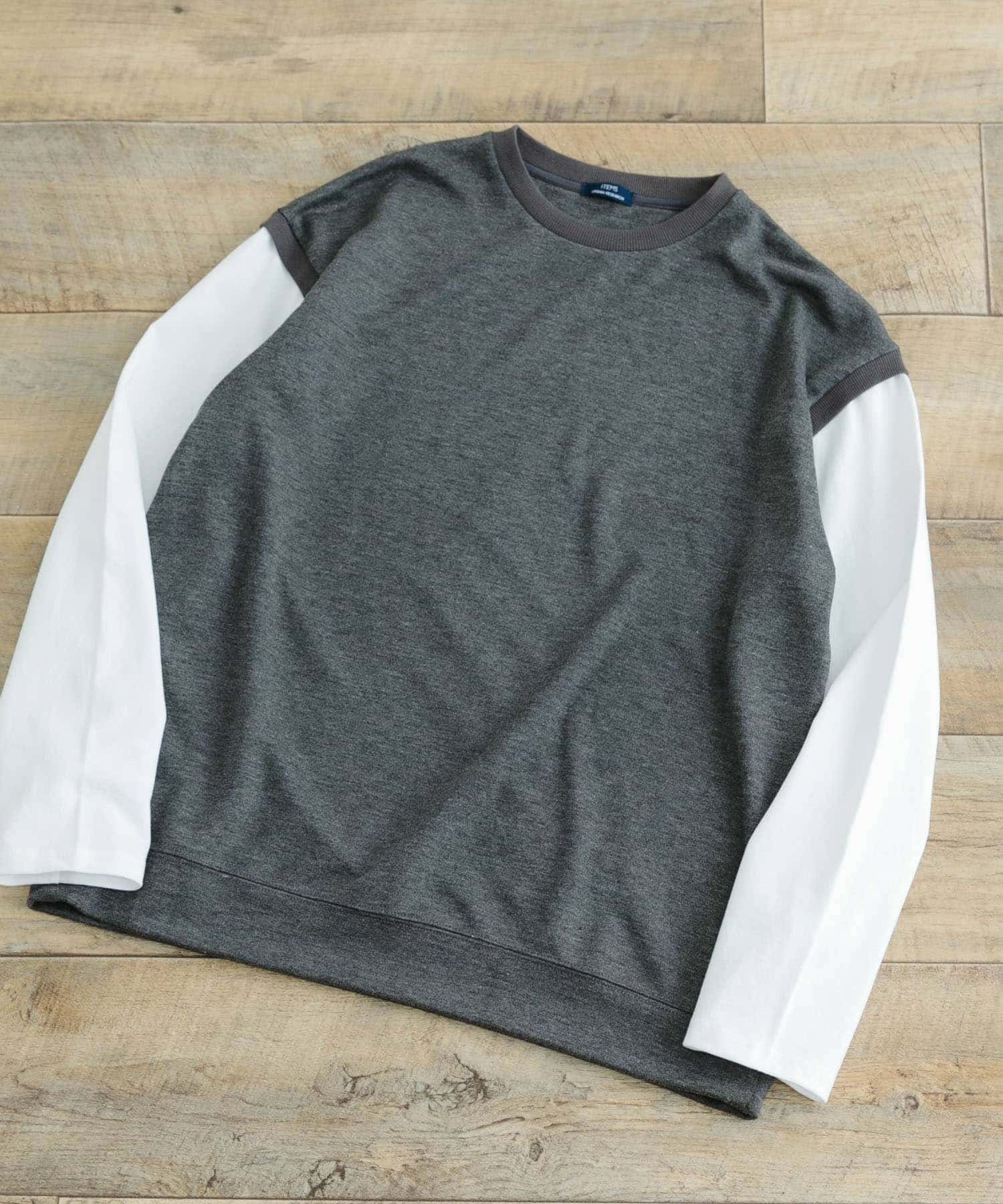袖キリカエ 綿タッチポンチ プルオーバー BLK L