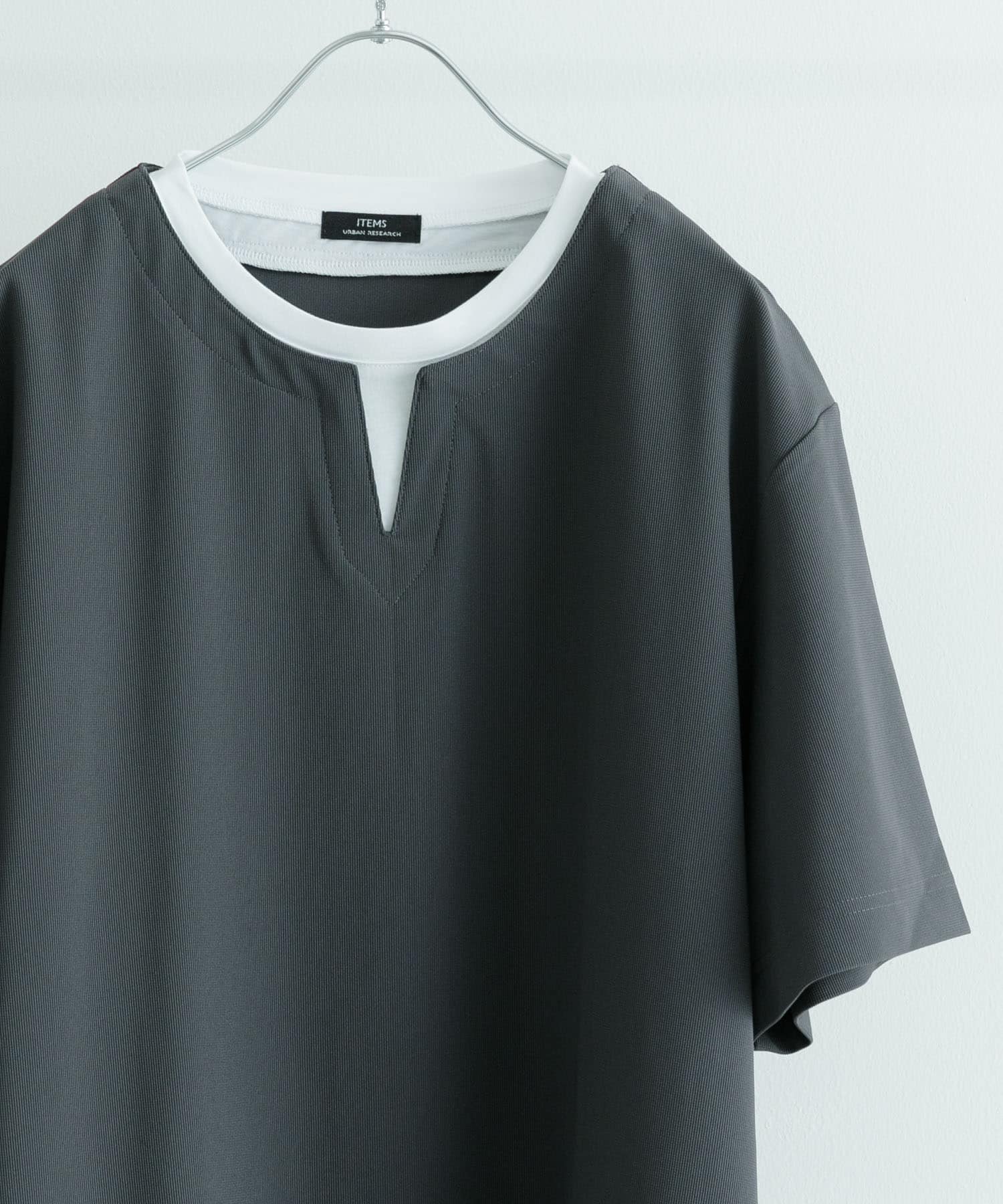 『イージーケア/吸水速乾』高機能ワッフル フェイクレイヤーキーネックTシャツ CHA M